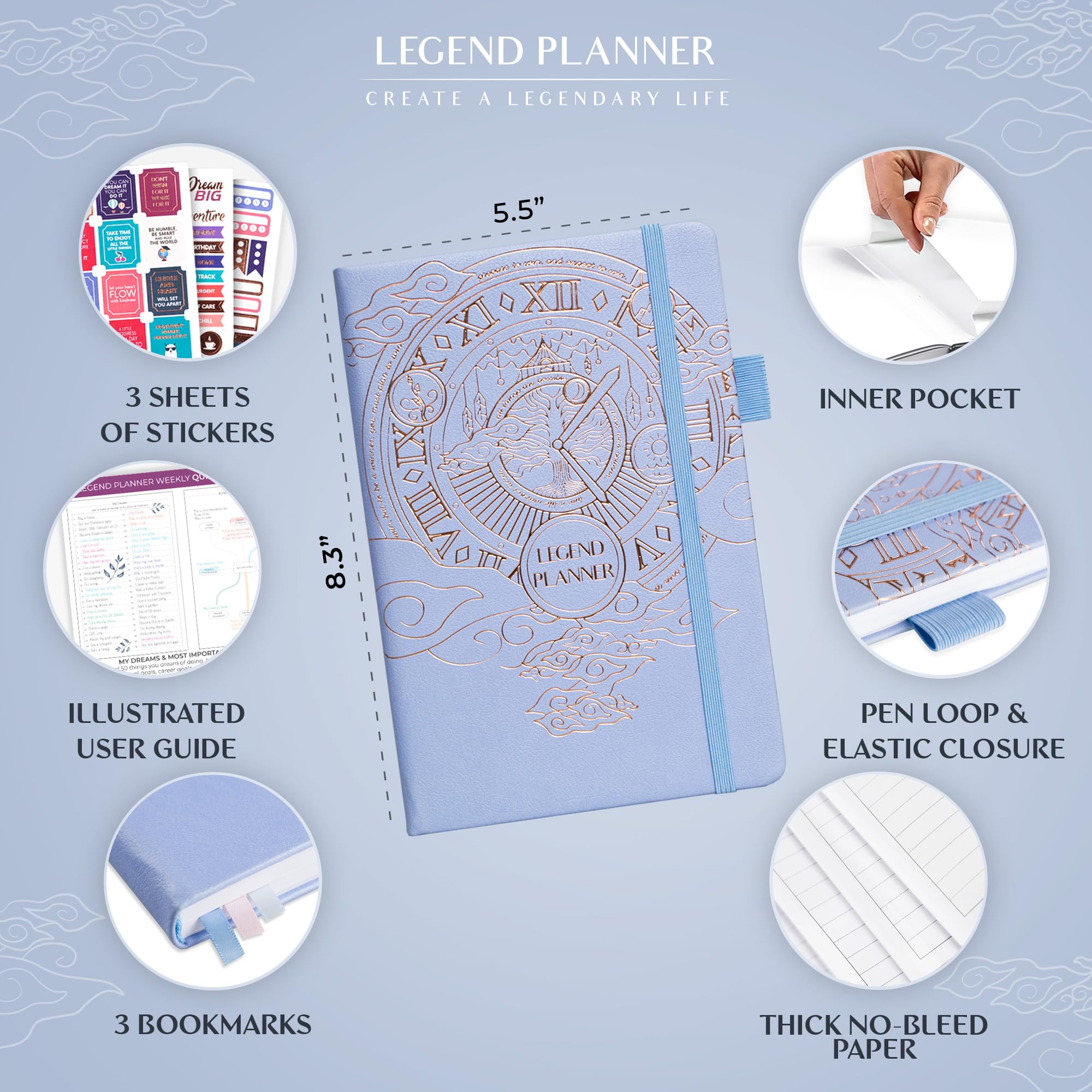 Legend Planner – Deluxe Weekly & Monthly Life Planner to Hit Your Goals & Live Happier. Organizer Notebook & Productivity Journal. A5 Hardcover, Undated – Start Any Time + Stickers – Periwinkle