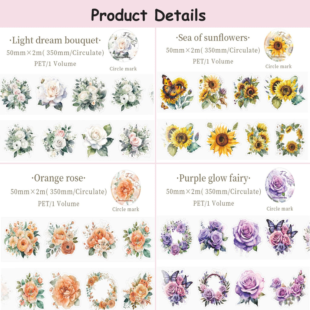 8Rolls Floral Washi Tape Set Flower PET Tapes Stickers for Crafts Journaling,Scrapbooking Supplies, Planner, Bullet Journals,Gift Wraping,Sunflower Rose Hydrangea Butterfly Decorative Masking Tape