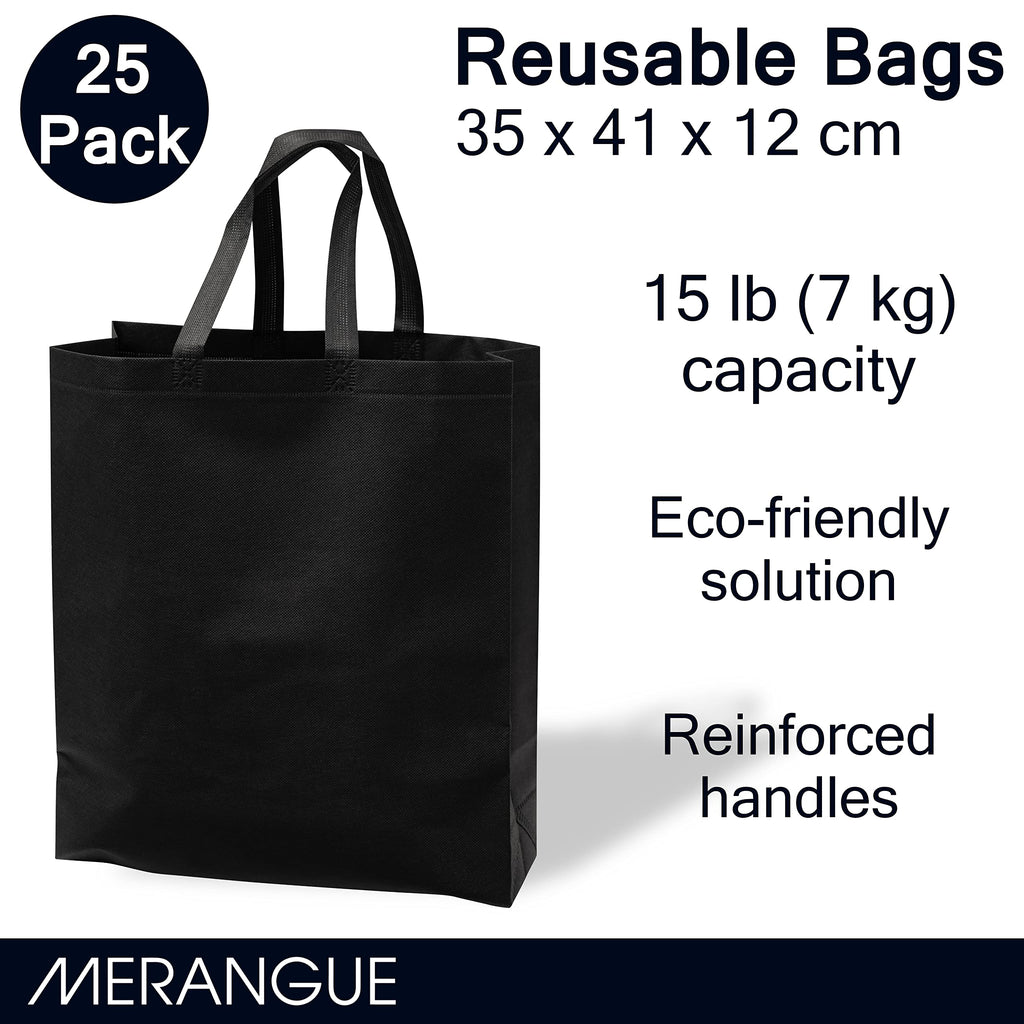 Merangue Reusable Bulk Shopping Bags, Non-Woven, Foldable Grocery Bags, Black, Large, 25 Pack