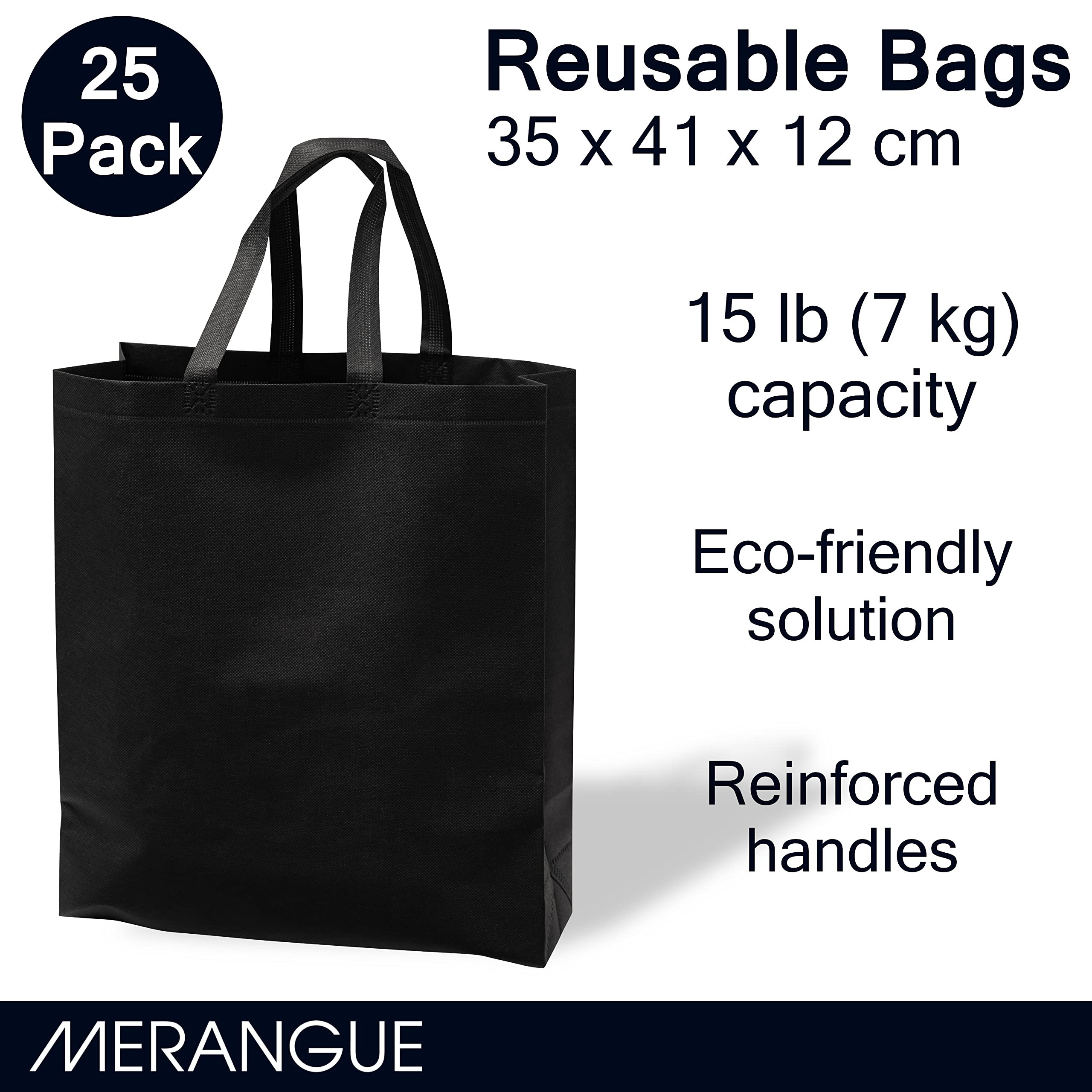 Merangue Reusable Bulk Shopping Bags, Non-Woven, Foldable Grocery Bags, Black, Large, 25 Pack