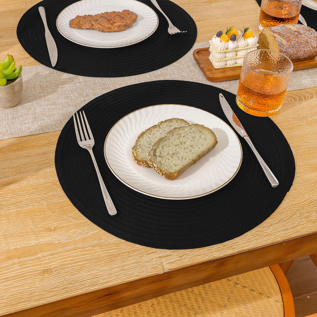 SHACOS Round Braided Placemats Set of 6 Washable Cotton Polyester Woven Round Table Mats 15 inch Heat Resistant (Black, 6)