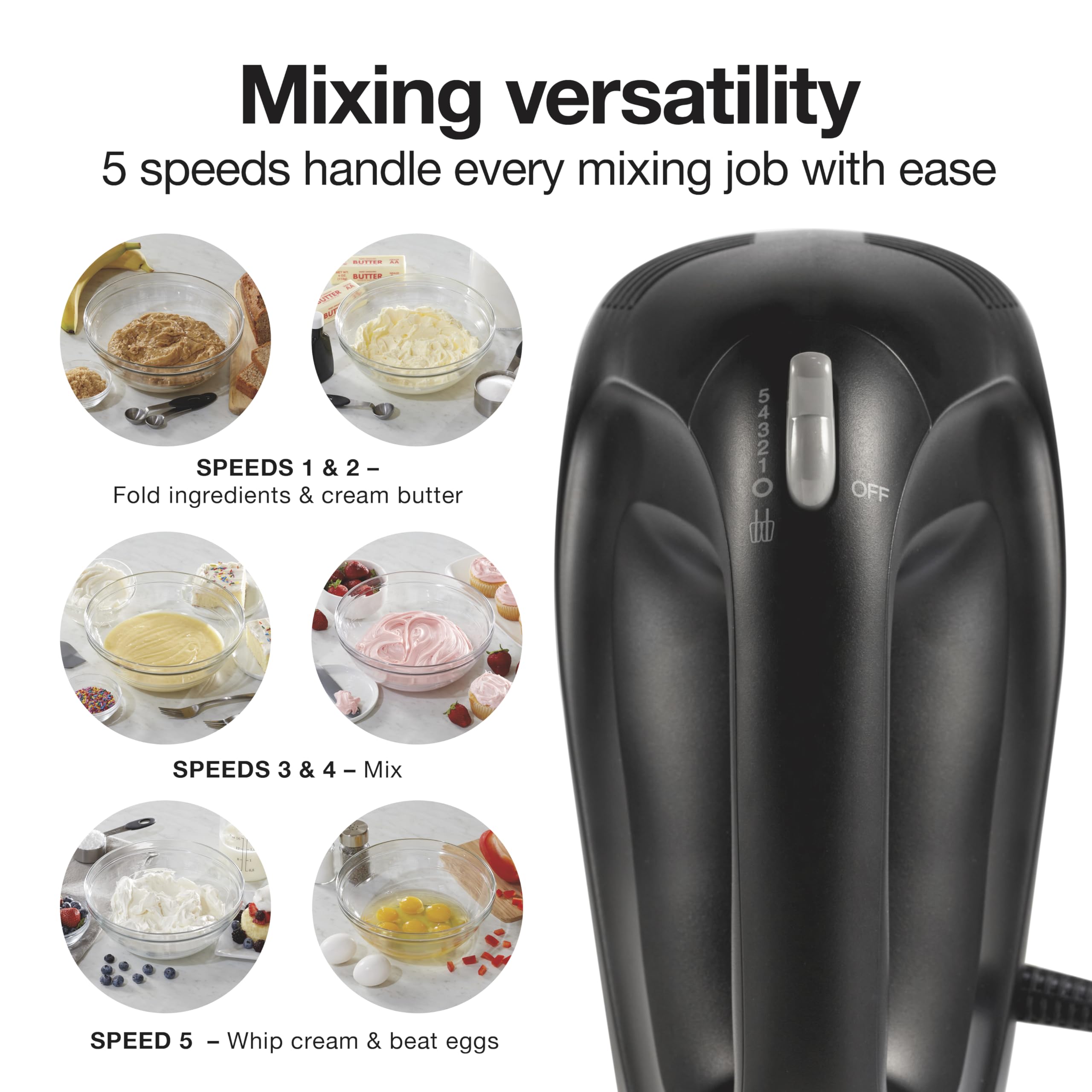 Proctor Silex 5-Speed Electric Hand Mixer for Baking, 100W, Snap-On Storage Case, Lightweight with 2 Beaters, Matte Black (62512)