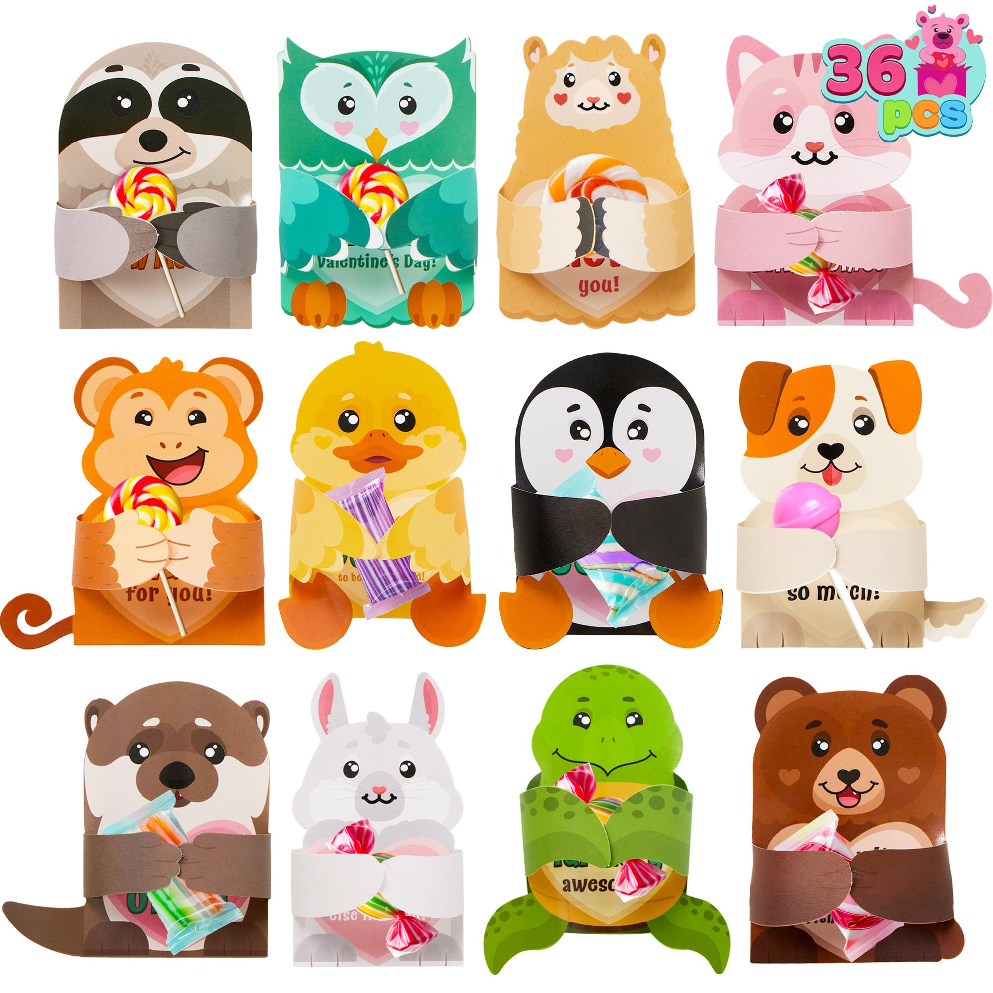 JOYIN 36 Pcs Valentines Day Gifts Cards with Animal Designs,Valentine’s Greeting Cards Candy Holder Cards for Kids, Valentine Classroom Exchange Cards (Cards only)