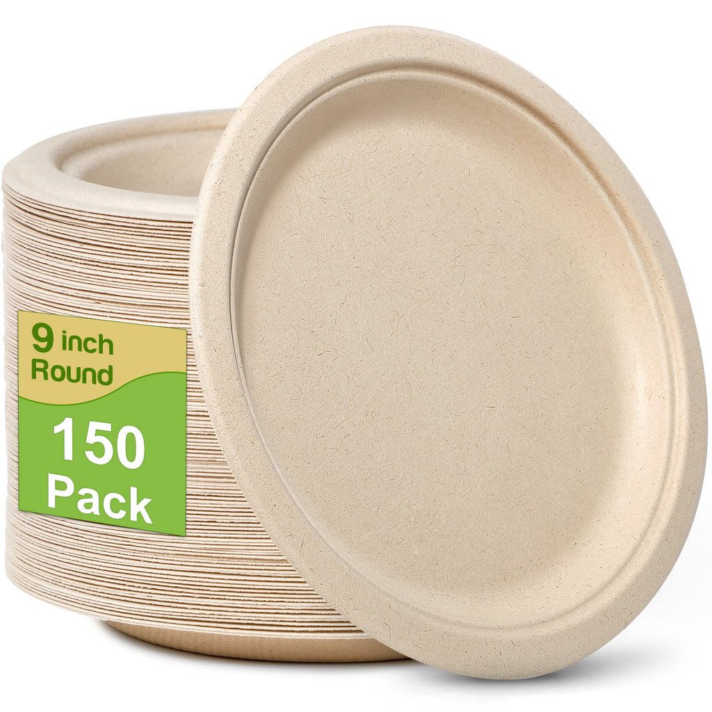 Paper Plates 9 Inch, 150 Pack Compostable Plates Eco Friendly Disposable Plates, Heavy Duty Paper Plates, Brown Paper Plates for Party