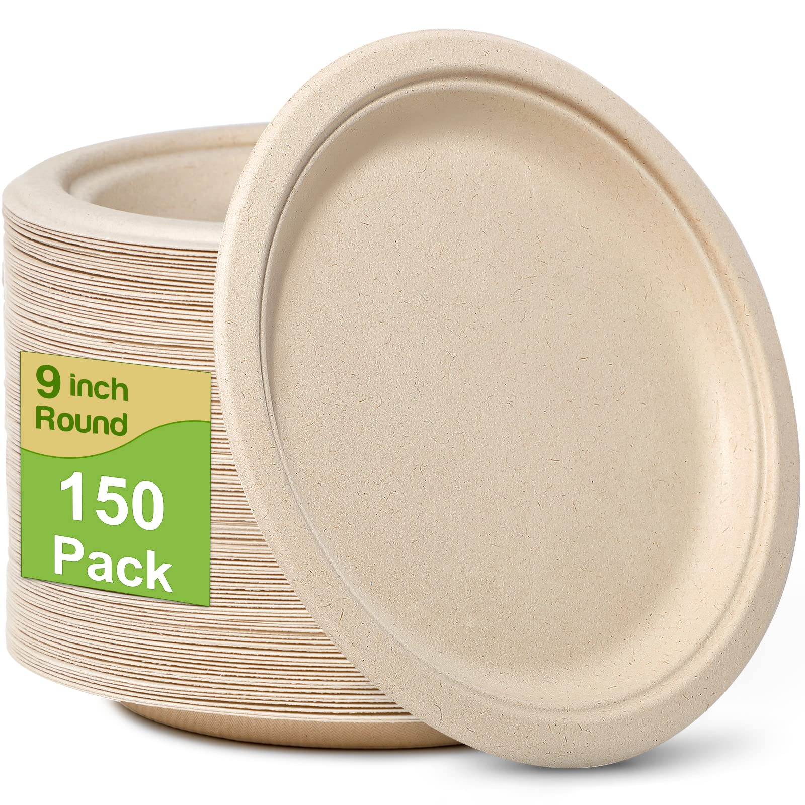 Paper Plates 9 Inch, 150 Pack Compostable Plates Eco Friendly Disposable Plates, Heavy Duty Paper Plates, Brown Paper Plates for Party