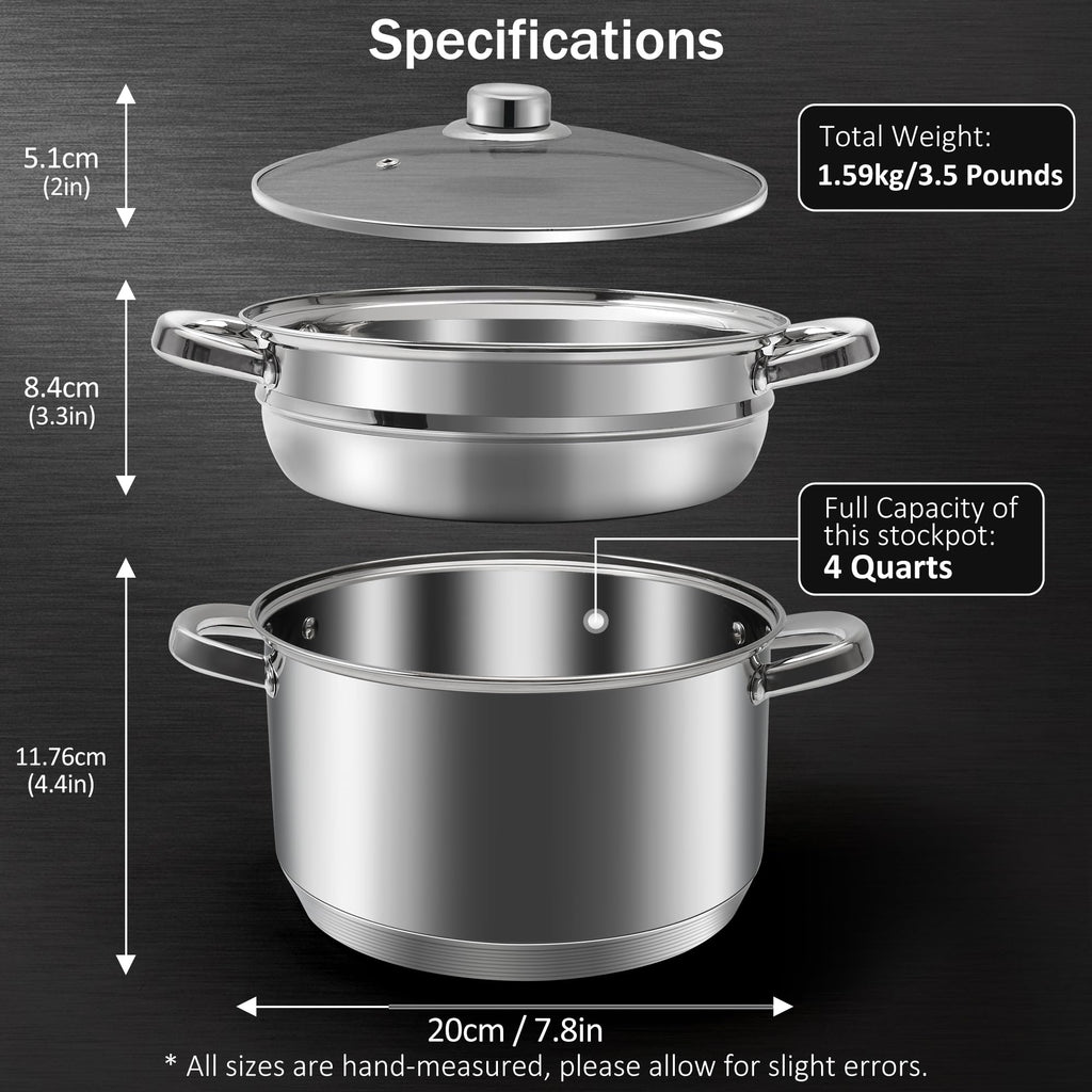 KroWallu 3.6L / 4QT Stock Pot with Steamer, Stainless Steel Pot Set Including Stock Pot, Steamer and Tempered Glass Lid, Stay Cool Handle, Work with Gas Electric Induction Stove, Dishwasher