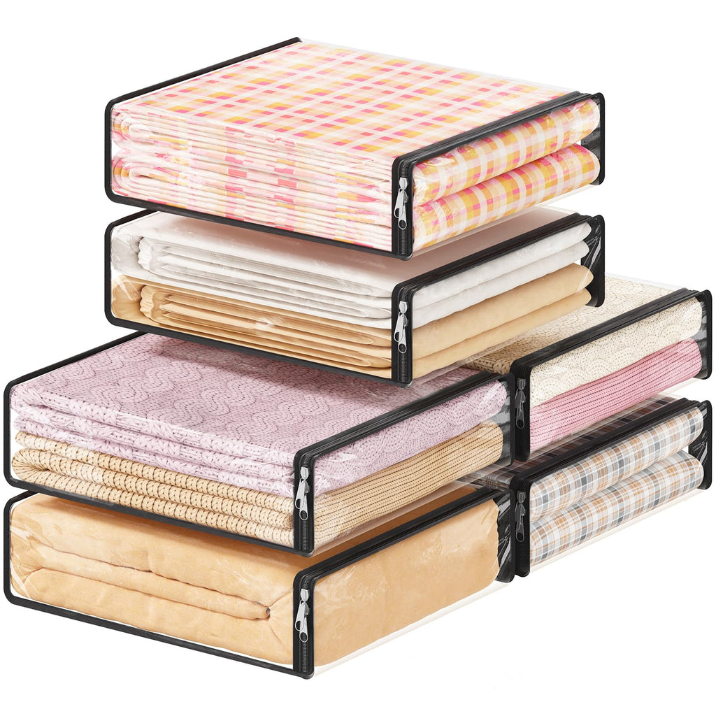 Lifewit 14L Clear Sheet Storage Bags with Zipper 6 Pack, Plastic Sweater Storage Bins for Clothing, Vinyl Foldable Clothes Containers Organizers for Closet, Blankets, Bedding 15.7 x 13.8 x 3.9 Inch