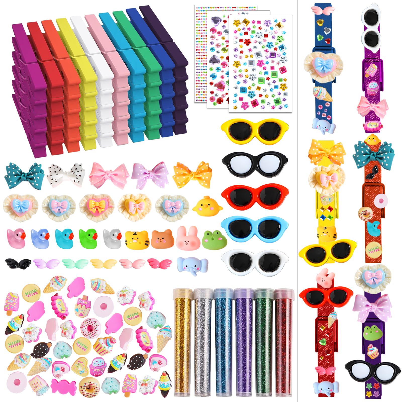 50 Set Cheer Pins Spirit Clips, CNYMANY Wooden Clothespins for Backpacks Decorations Includes Mini DIY Resin Duck Glasses Colored Beads Bows for Cheer Team Gifts