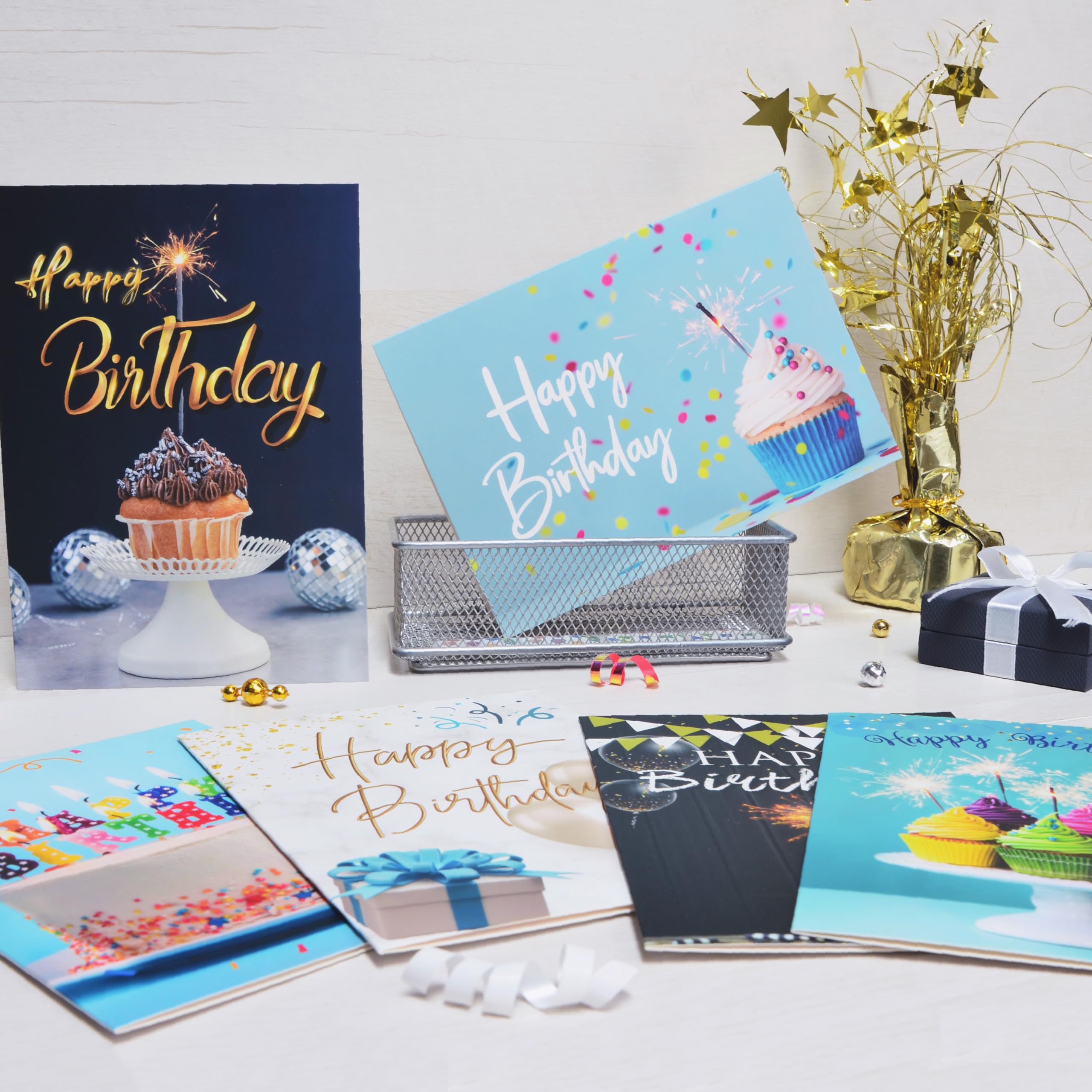 100 Happy Birthday Cards in Bulk with Envelopes , Stickers and Generic Birthday Greetings Inside – Large 5x7 Inches, 20 Unique Designs Notes, Thick Cardstock , Matte Finished in a Sturdy Box