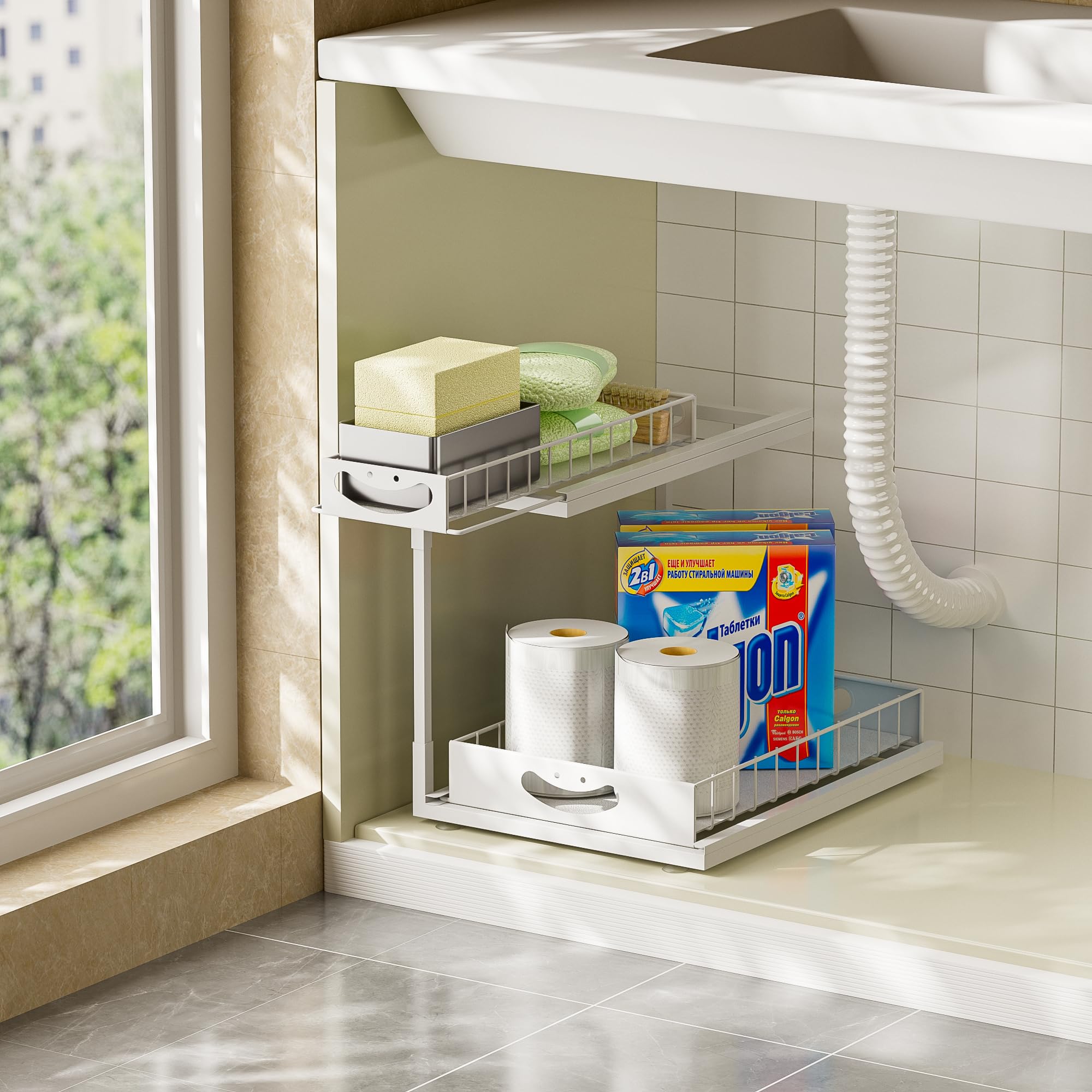JAQ Under Sink Organizer for Kitchen, 2 Tier Pull Out Sliding Cabinet Organizer, Heavy Duty Metal Under Cabinet Storage for Kitchen Sink, Double Slide Out Drawers (White, 1 Pack)