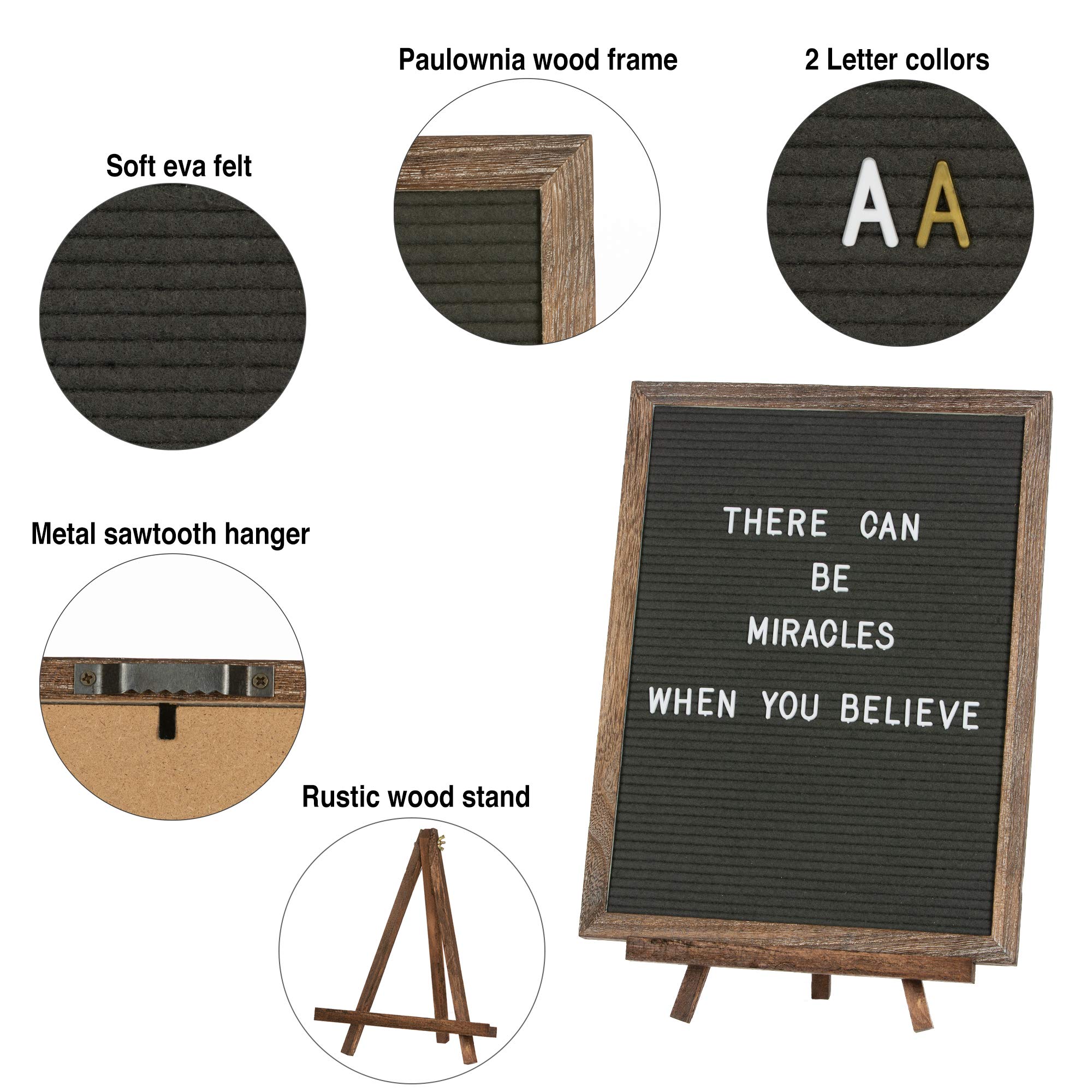 Felt Letter Board with Rustic Vintage Frame and Stand 12x16 inch, Grey Changeable Letter and Message Board Includes 792 Letters, Numbers and Symbols, Hook to Hang, 2 Canvas Bags