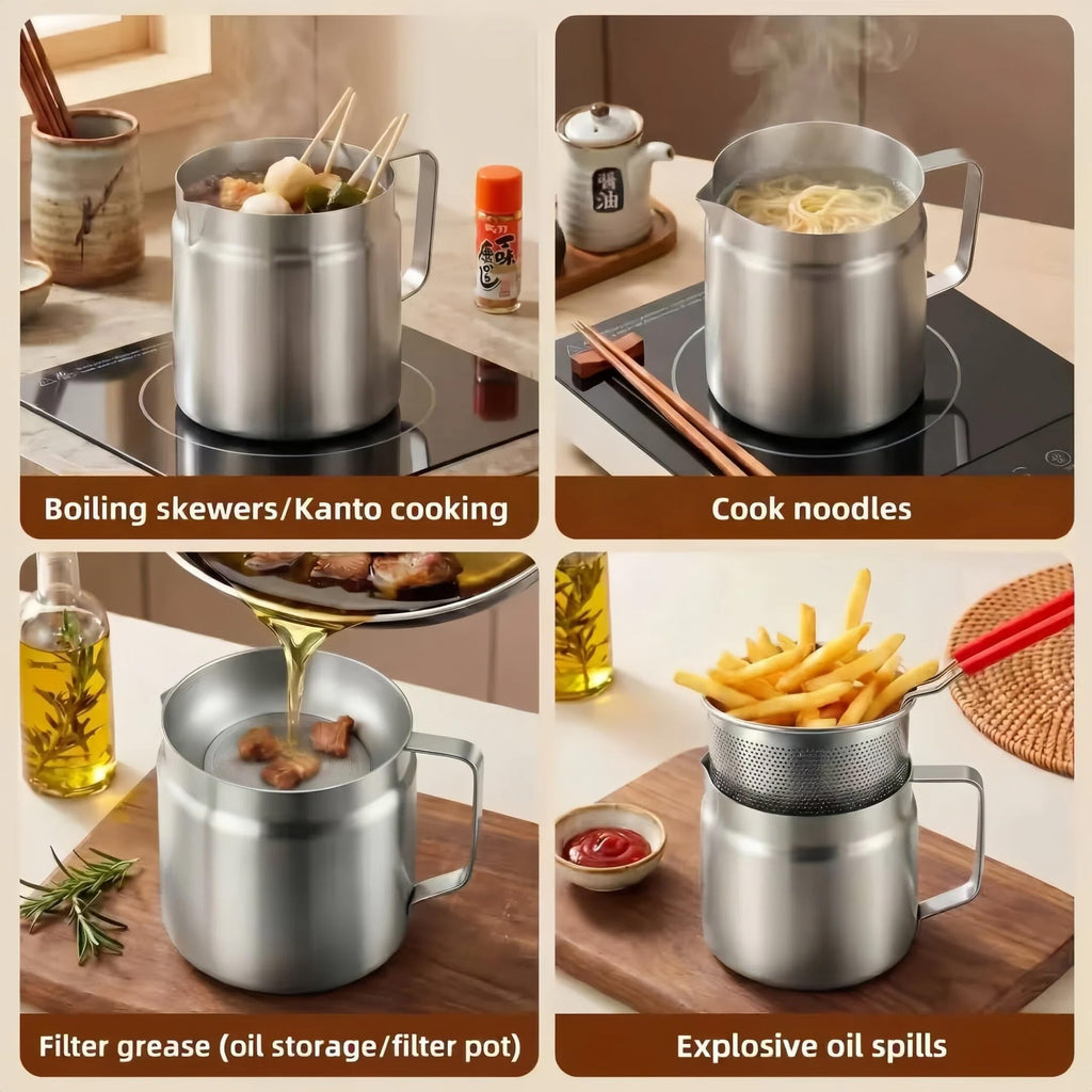 2-in-1 Deep Fryer Pot with Basket(2.1L), Stainless Steel Oil Strainer Pot, 304 Food-Grade Frying Pot with Fine Mesh Oil Filter for Cooking & Bacon Grease Storage