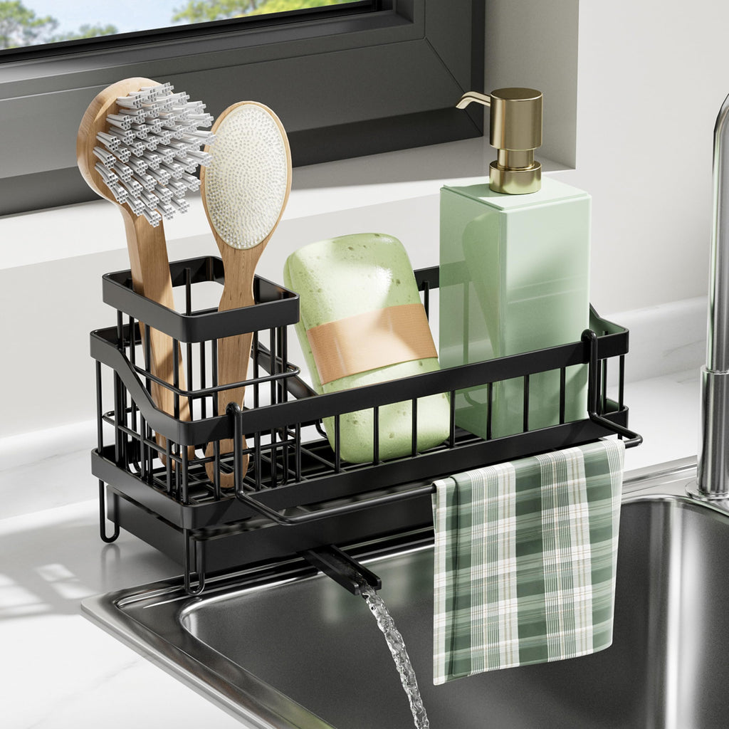 Kitchen Sink Caddy Organizer-Sponge Holder for Kitchen Sink with Brush Holder,Kitchen Organizer Countertop Rustproof, Multi-functional Soap Dispenser,Bath Organizers and Storage Accessories
