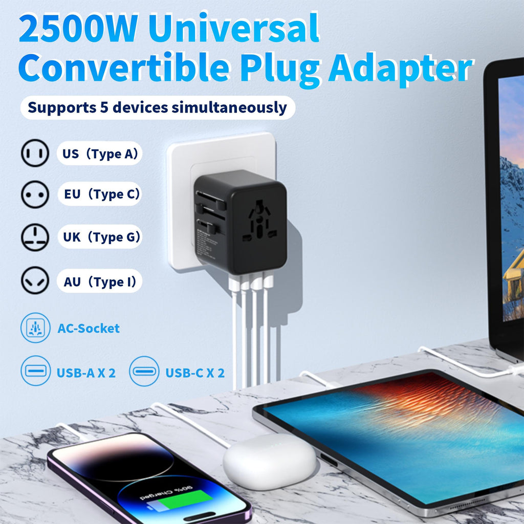 QENEQ Universal Travel Adapter International World Adapter 5 in 1 European Travel Plug Fast Charger 2xUSB-A 2xUSB C Worldwide AC Outlet Adaptateur Voyage Adaptor Universal for Europe USA UK AUS Asia