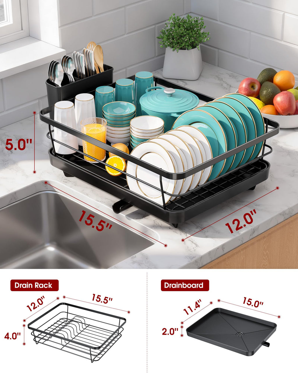 Sakugi Dish Drying Rack - Compact Dish Racks with Drain Board for Kitchen Counter, Durable Stainless Steel Dish Rack Used in Sink & on Countertop, Dark Black, Large