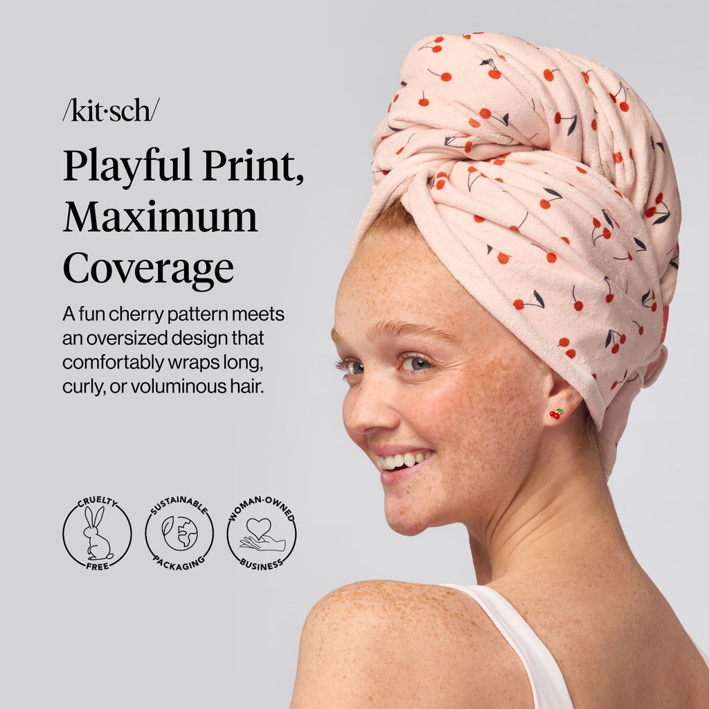 Kitsch XL Microfiber Hair Towel Wrap for Women - Microfiber Towel, Super Absorbent, Quick Dry, Anti-Frizz - for Long and Short Hairs, Turbans for Women, Wet and Curly Hair Wrap - Cherry Print