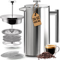 KICHLY 34 OZ French Press, Stainless Steel Double Walled Insulated Coffee Press with Refined Filters, Espresso and Tea Maker - Silver