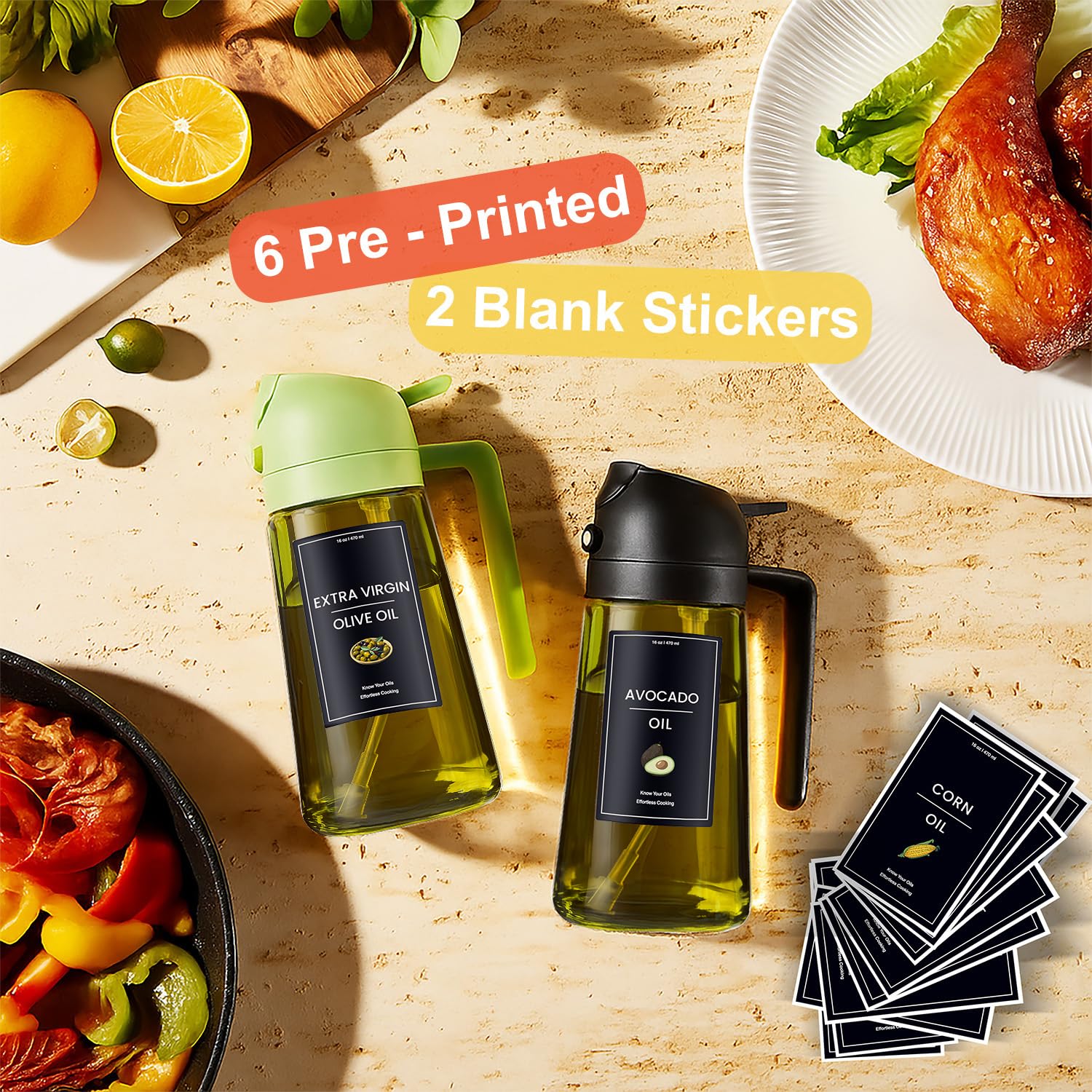 CXINYI 16oz/470ml Olive Oil Dispenser Bottle – 2 in 1 Olive Oil Spray Bottle, Air Fryer & Salad, Light-Proof Glass Kitchen Gadgets, Black&Green