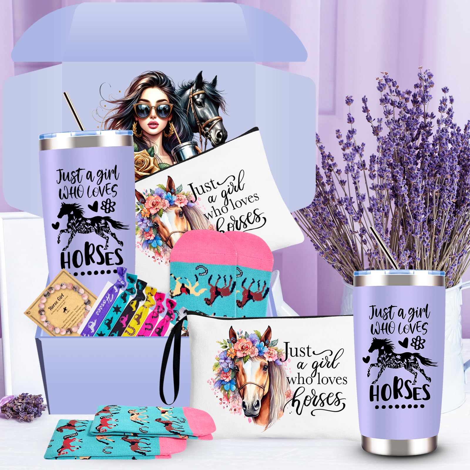 JTAMOHI Horse Lover Gifts for Girls, 6 Pcs Horse Stuff Cool Gifts for Horse Lovers with 20 Oz Tumbler Socks Makeup Bag Bracelet 8 Hair Accessories, Birthday, Christmas Gifts for Horse Lover