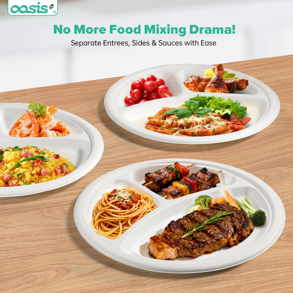 OasisSN [10 inch, 128-PACK] 3-Compartment Disposable Paper Plates, Compostable Heavy-Duty Divided Plates for Meal Prep, School Lunches & Party Buffets (White)