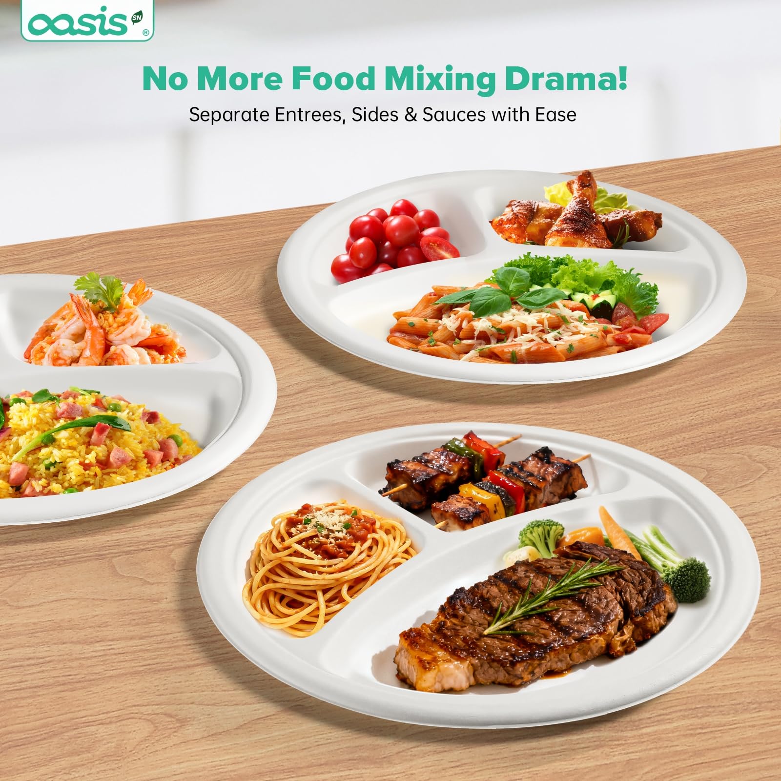 OasisSN [10 inch, 128-PACK] 3-Compartment Disposable Paper Plates, Compostable Heavy-Duty Divided Plates for Meal Prep, School Lunches & Party Buffets (White)
