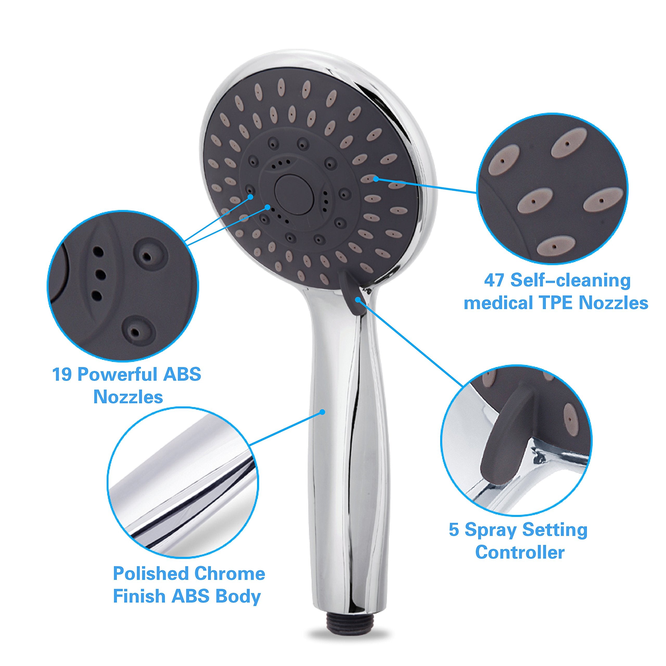 Shower Head, High Pressure Handheld Showerhead with Hose, 5 Settings Chrome Finished Hand Held Rainfall Shower Set- Including Bracket Teflon Washer