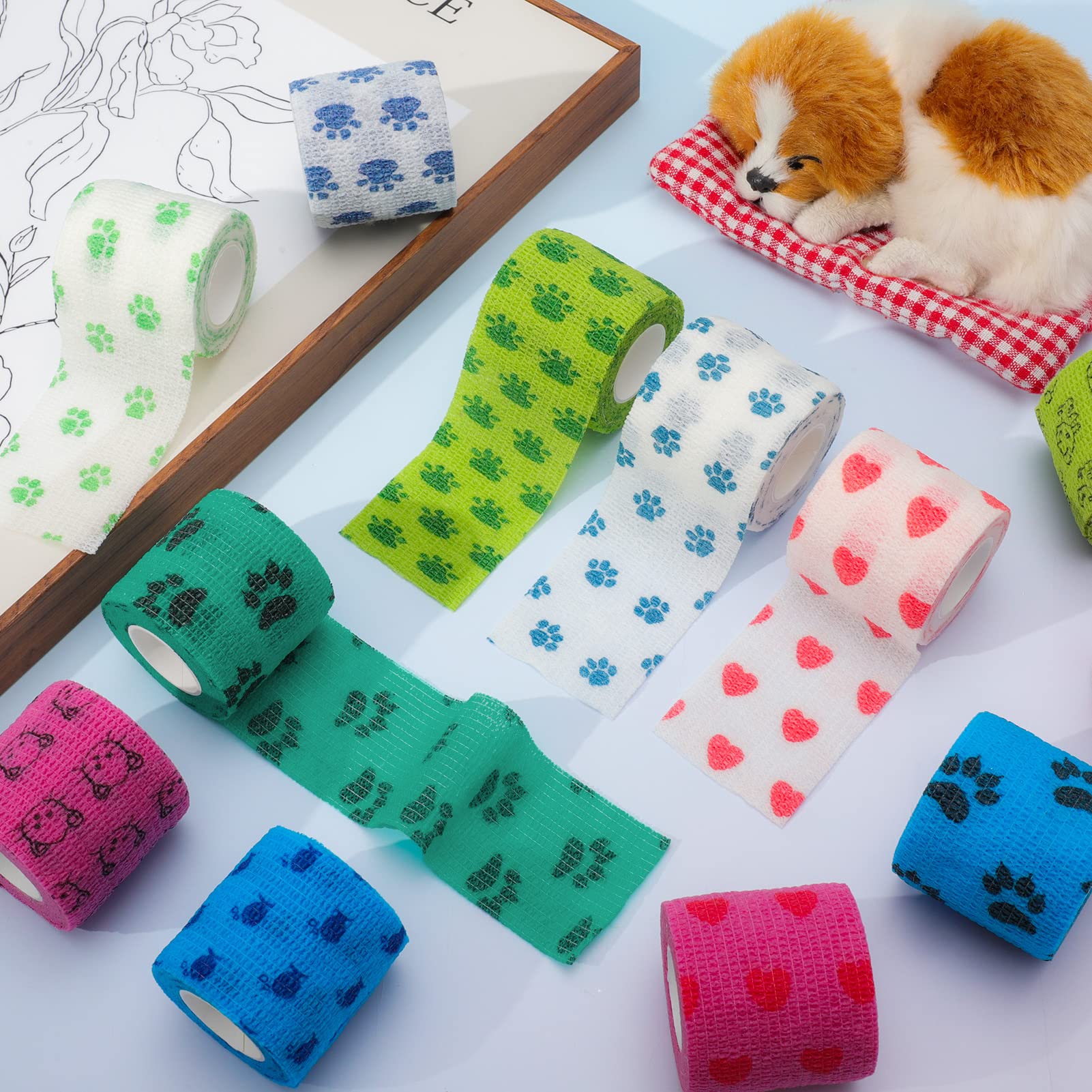 FANKUTOYS 12 Rolls Pet Self Adhesive Bandage, Pet Vet Wrap Tape Elastic Bandages 2" x 5 yd Non-Woven Cohesive Gauze Rolls for Dog Cat Animals Sport Wrist Healing Ankle Sprain & Swelling