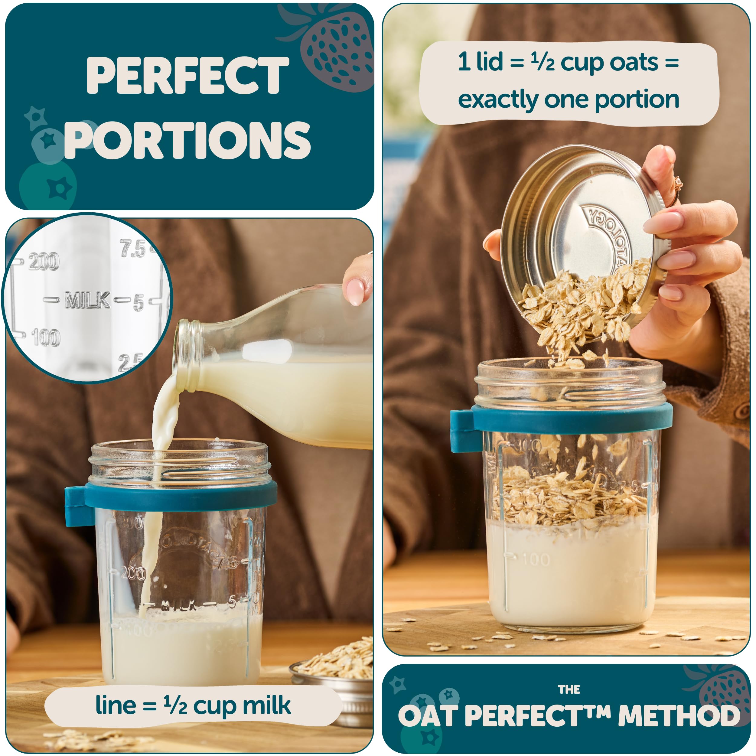 OATOLOGY Glass Overnight Oats Jar Container | Unique Leakproof Stainless Steel Lids, Spoon, Thick Glass | Breakfast Pots Mason Jars for Chia Pudding Granola Yoghurt Porridge Cereal On-the-Go | 4 pack