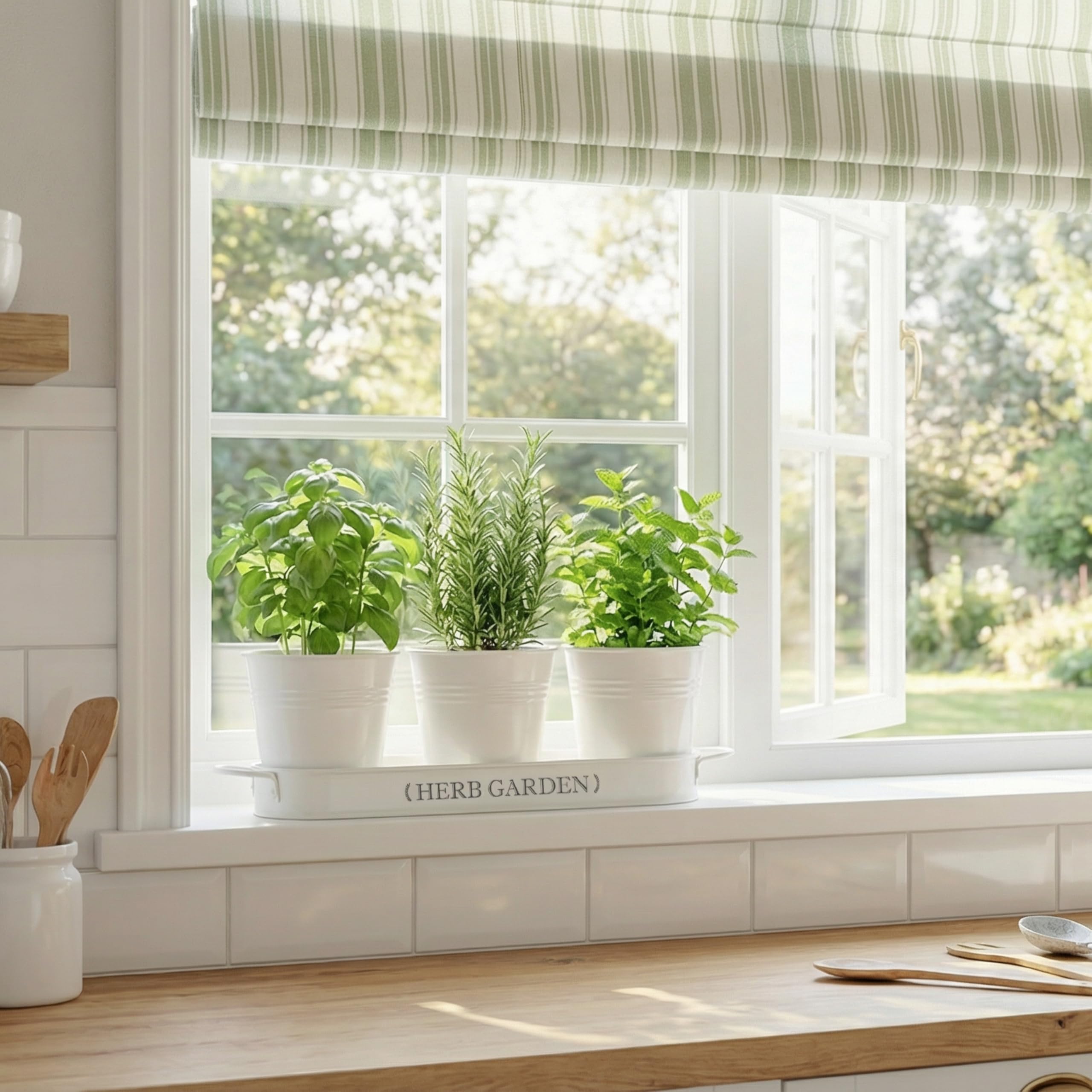 PERFNIQUE Indoor/Outdoor Herb Garden Planter, Farmhouse Plant Pots, Windowsill Garden With Tray, Window Pots for Indoor Plants (Off White)