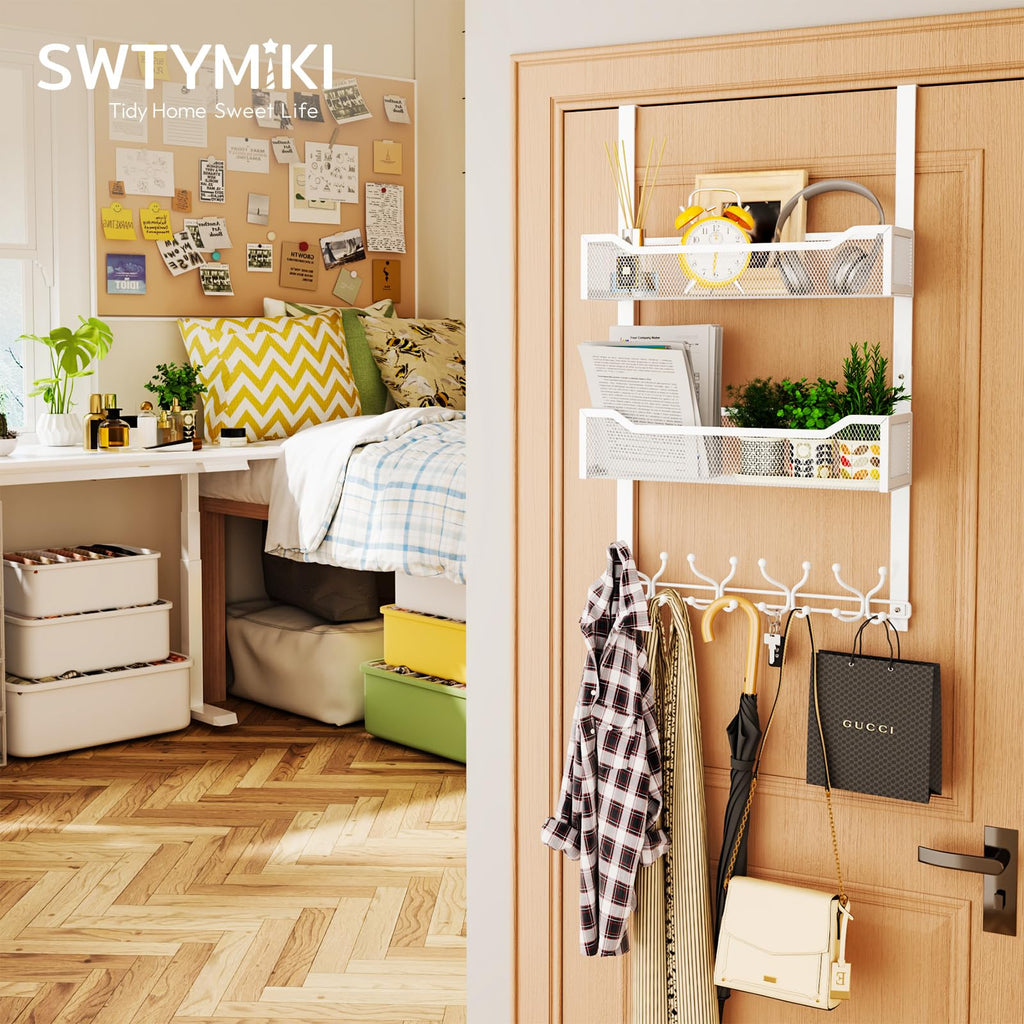 SWTYMIKI Over The Door Hook with 16 Hooks & 2 Mesh Baskets - Heavy Duty Over The Door Organizer Hanger for Towels, Coats, Clothes - Space Saving Hanging Rack for Bathroom, Living Room, White