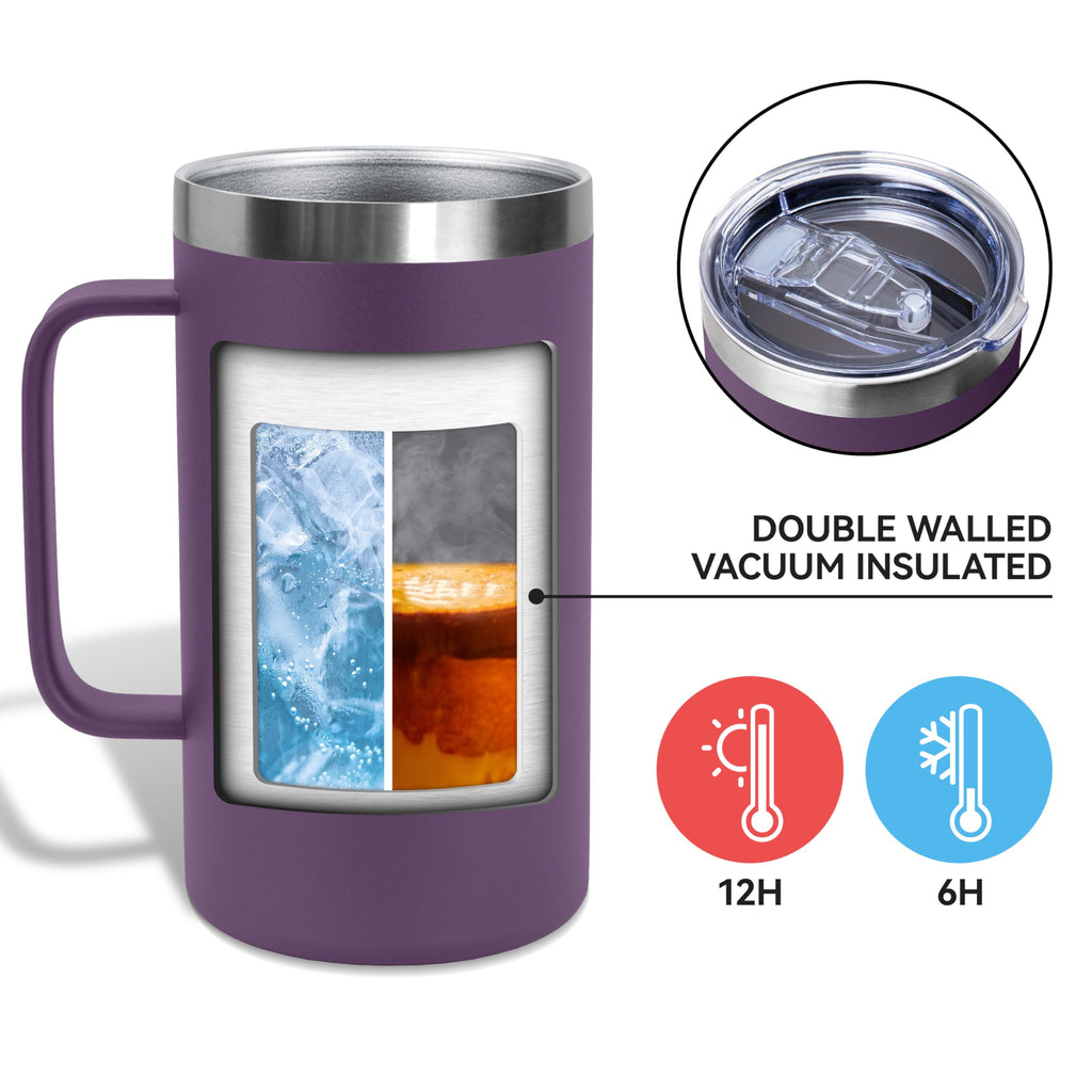 DOMICARE 24oz Mug with Handle and Lid, Stainless Steel Coffee Mug, Reusable Insulated Cup, Travel Mug with Handle, Double Wall Vacuum Coffee Tumbler for Men and Women, Dark Purple, Pack 1