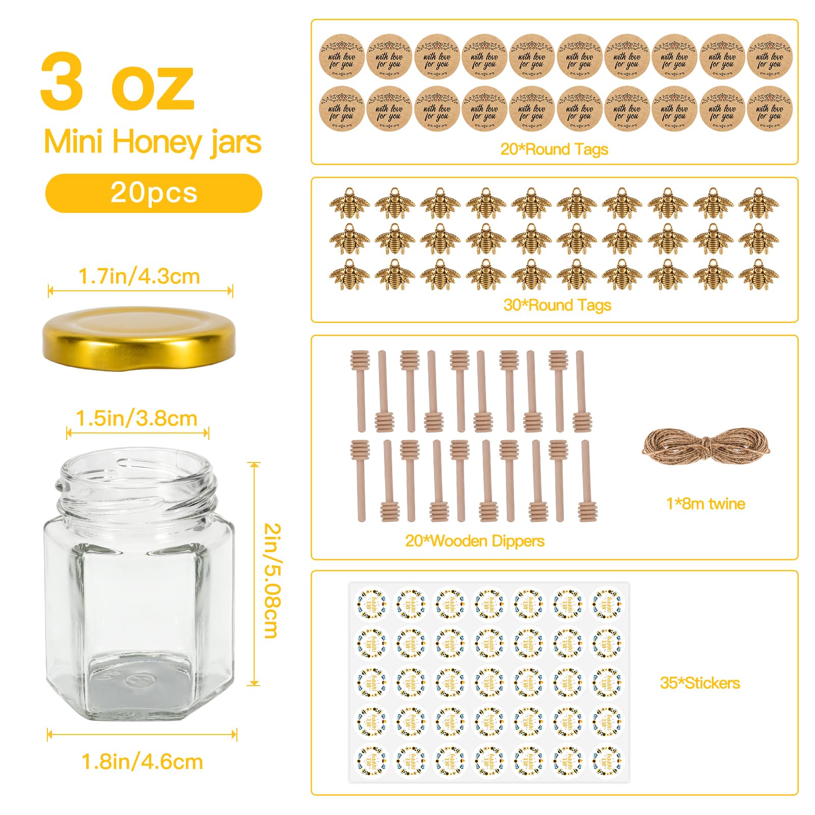 20 Pack 3 oz Mini Honey Jars with Dipper, Glass Hexagon Honey Jar for Wedding Favors, Empty Glass Jars for Party Favor