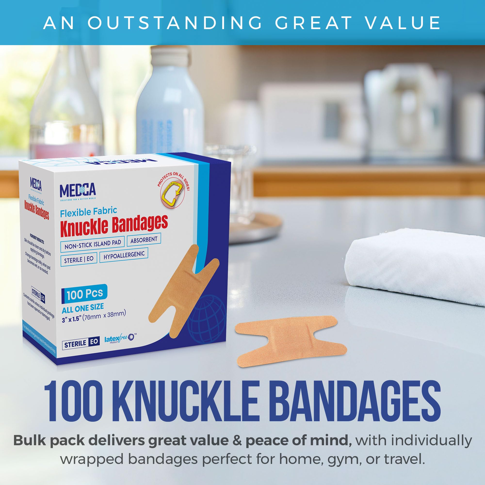 Flexible Fabric Bandages - Flex Fabric Adhesive Bandages Knuckle Bandages for Finger Care and to Protect Wounds from Infection - (100 Count Box)