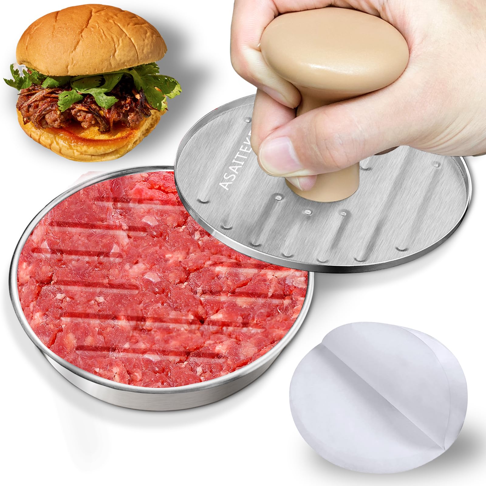 Burger Press, 5”Stainless Steel Hamburger Press Patty Maker, Non-Stick Hamburger Press for Making Patties, for Grilling and Cooking, Comes with 100 Pieces of Wax Paper