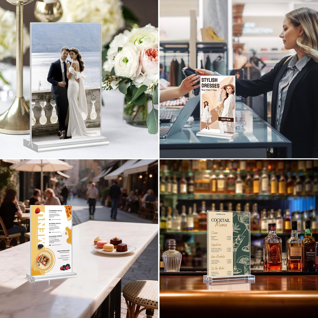 4 Pack Acrylic Sign Holder 8.5 x 11,Clear Menu Stand, Double-Sided Clear Sign Holder, Vertical Plastic Stands for Display, Stand up Table Top Frame Paper Holder for Office Business Store Restaurants