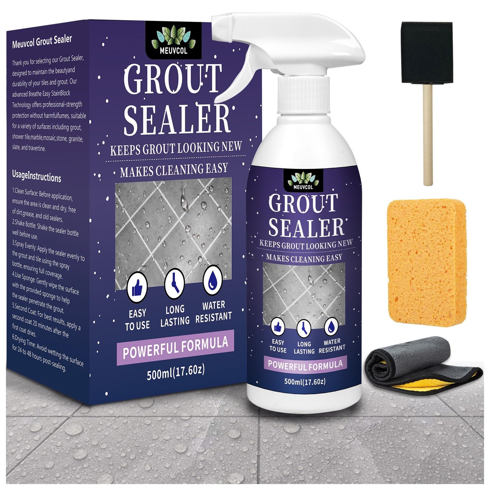 Meuvcol Grout Sealer,17.6 OZ Waterproof Grout Sealer for Shower, Floor Tiles, Kitchen - 100% Safe Tile Sealer Spray - Long Lasting Clear Sealant for Stone, Bathroom, Marble - Indoor & Outdoor
