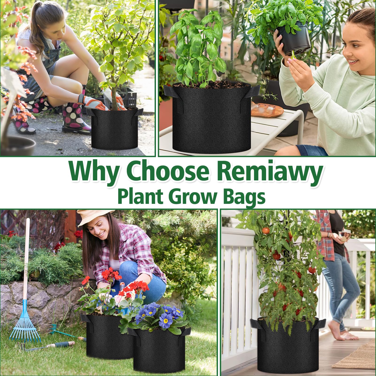 Remiawy Grow Bags, 10 Pack 5 Gallon Aeration Fabric Pots with Handles Reusable Heavy Duty Thickened Nonwoven Indoor Outdoor Garden Plant Containers for Growing Potatoes Tomatoes Plants and Vegetables