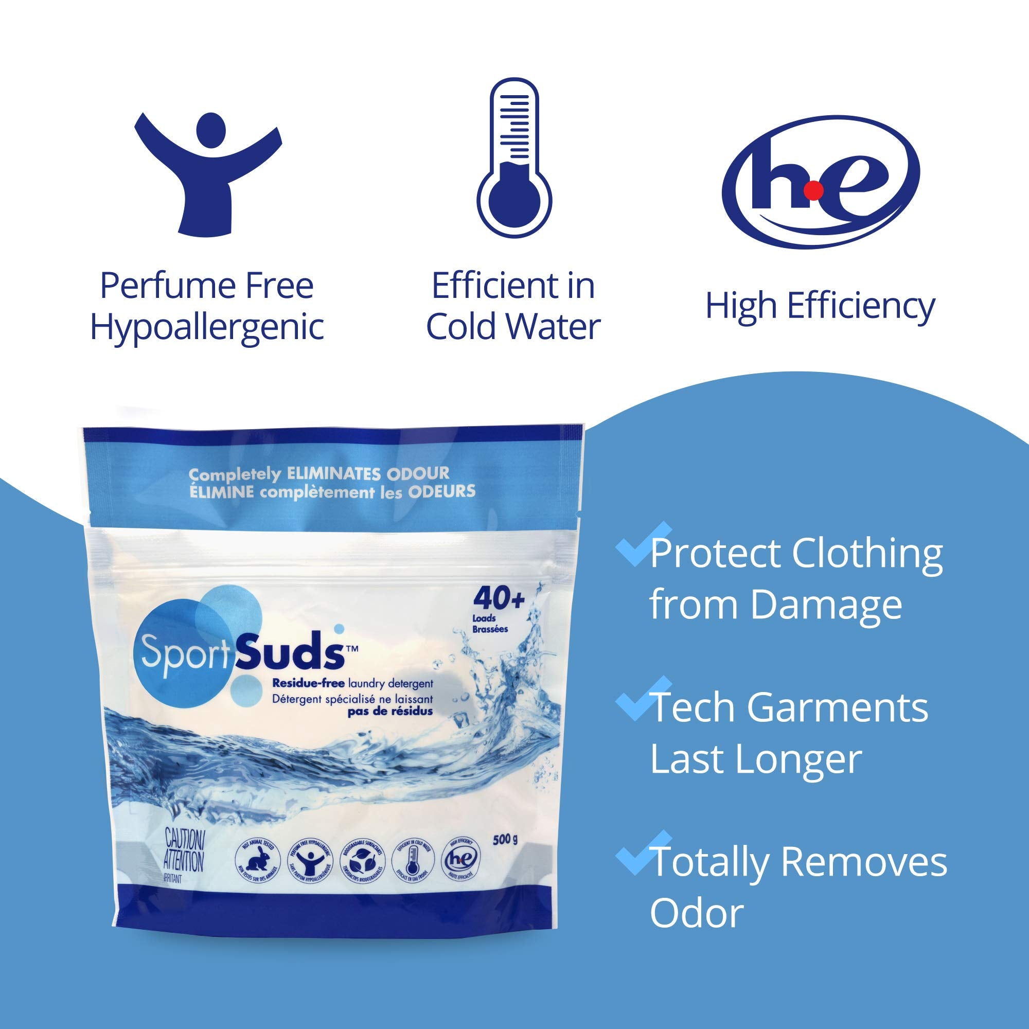 Sport Suds Detergent, 500g Zipper Pouch, 40+ Loads