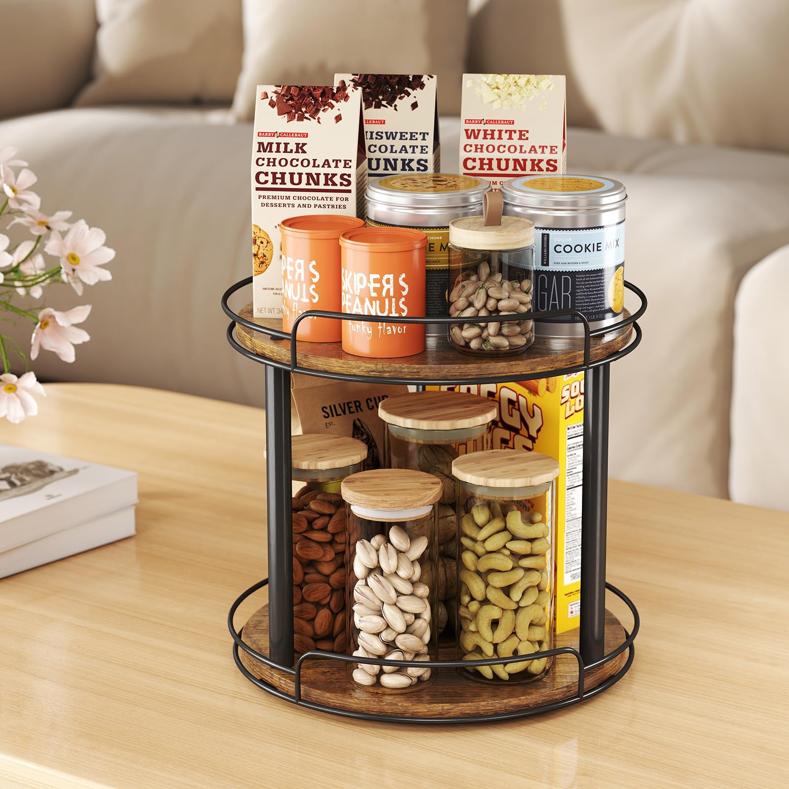 LAMU 10.2'' Wood Lazy Susan Turntable Organizer for Cabinet, 2 Tier Lazy Susan Spice Rack Organizer for Kitchen, Table Top, Countertop, Pantry, Medicine Organizer