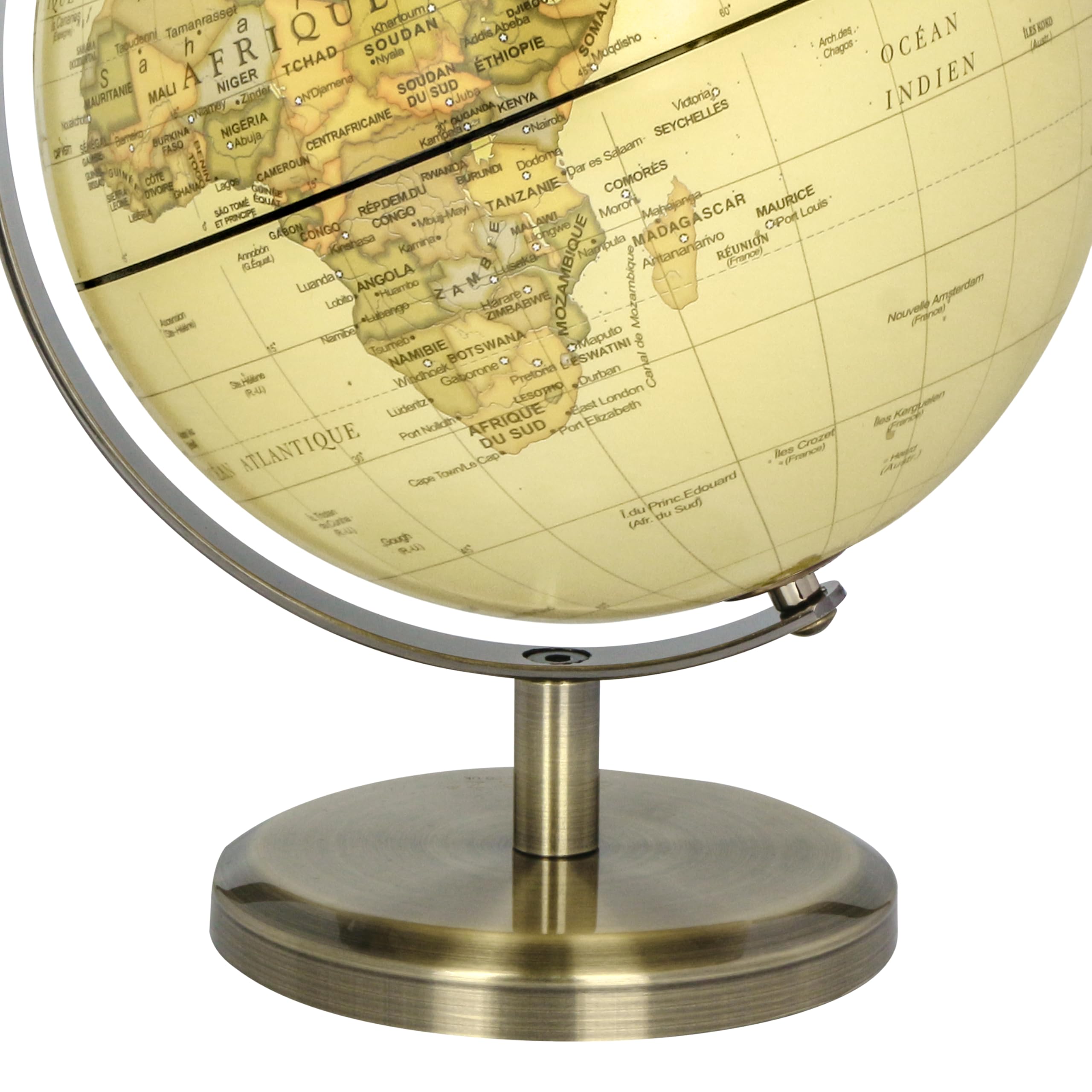 Exerz 14m Globe Terrestre Carte en Français - Map in French - 14cm Antique Globe, Mini World Globe - Modern Map in Vintage Color, Metal Arc and Base Bronzed