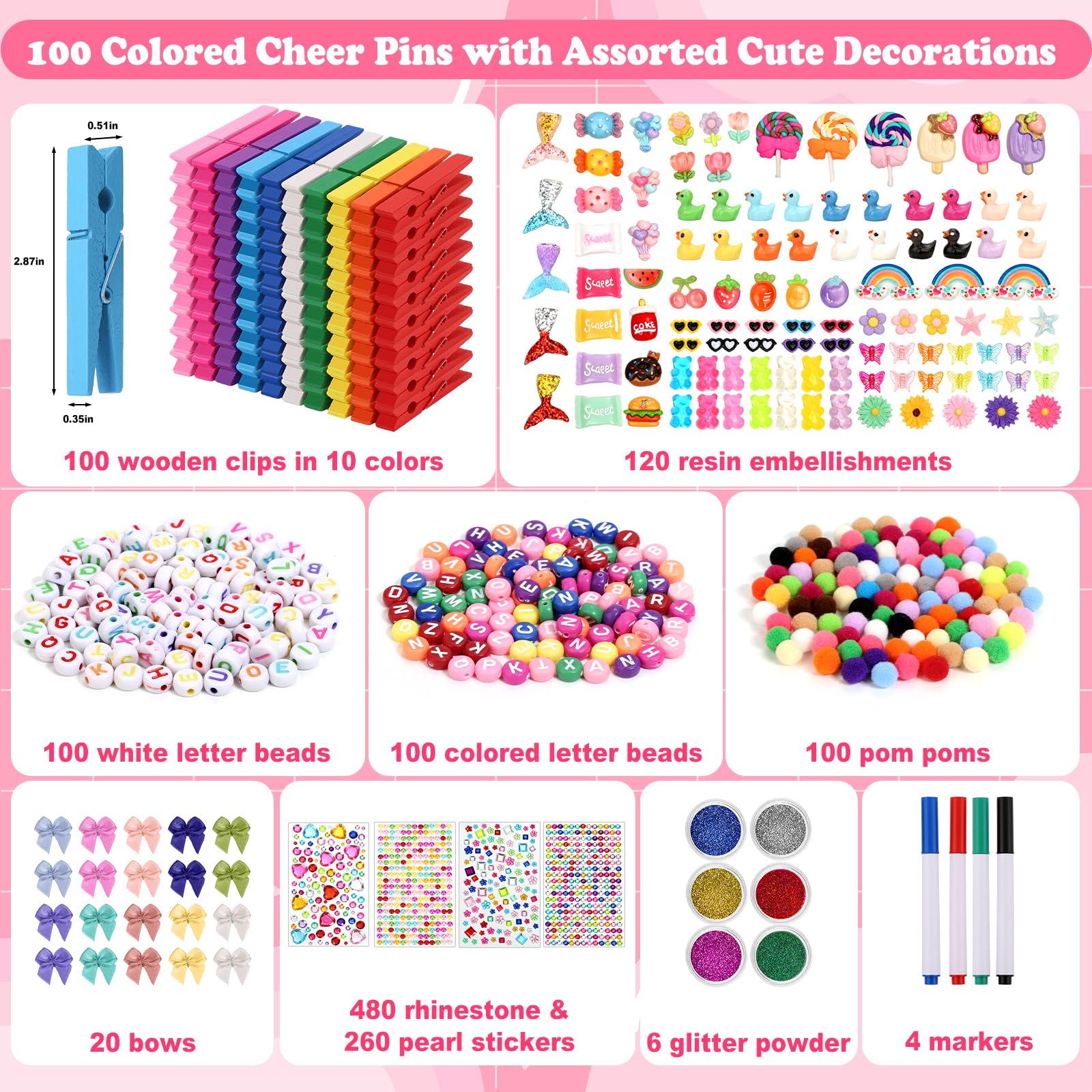 Cheer Pins Spirit Clip Set, 100 Colored Wooden Clothes Pins 340 Mini Resin Animals Ducks Letter Beads Bows Stickers Pen, Pin Decor for Cheerleading Backpack Ribbon Team Classroom Cheer Gift Bulk