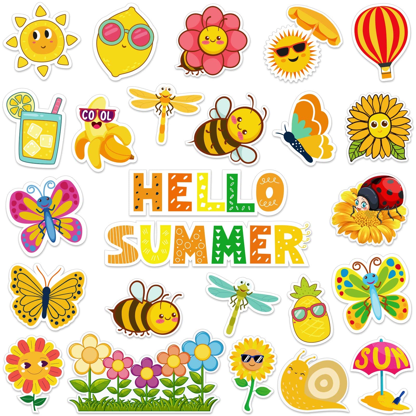 48Pcs Hello Summer Cut-Outs Summer Flower Cut Outs with 90Pcs Glue Points Colorful Paper Patterned Cut-Outs Bulletin Board Decoration for School Classroom Game Party Supplies