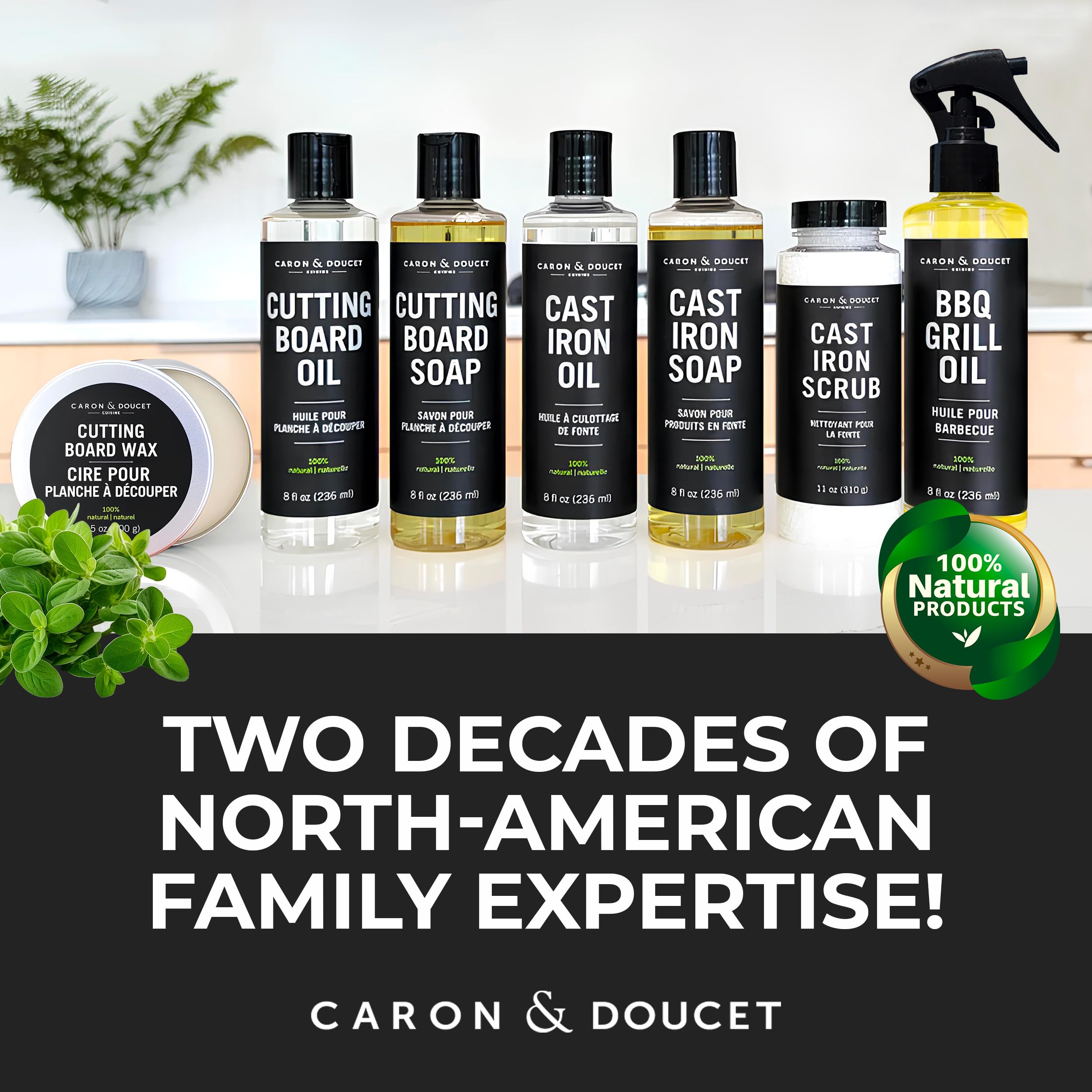 Caron & Doucet -Ultimate Cast Iron Care Set Seasoning Oil,Cleaning Soap & Restoring Scrub | 100% Plant-Based & Best for Cleaning,Washing,Restoring & Seasoning Cast Iron Skillets,Pans,Grills and More!