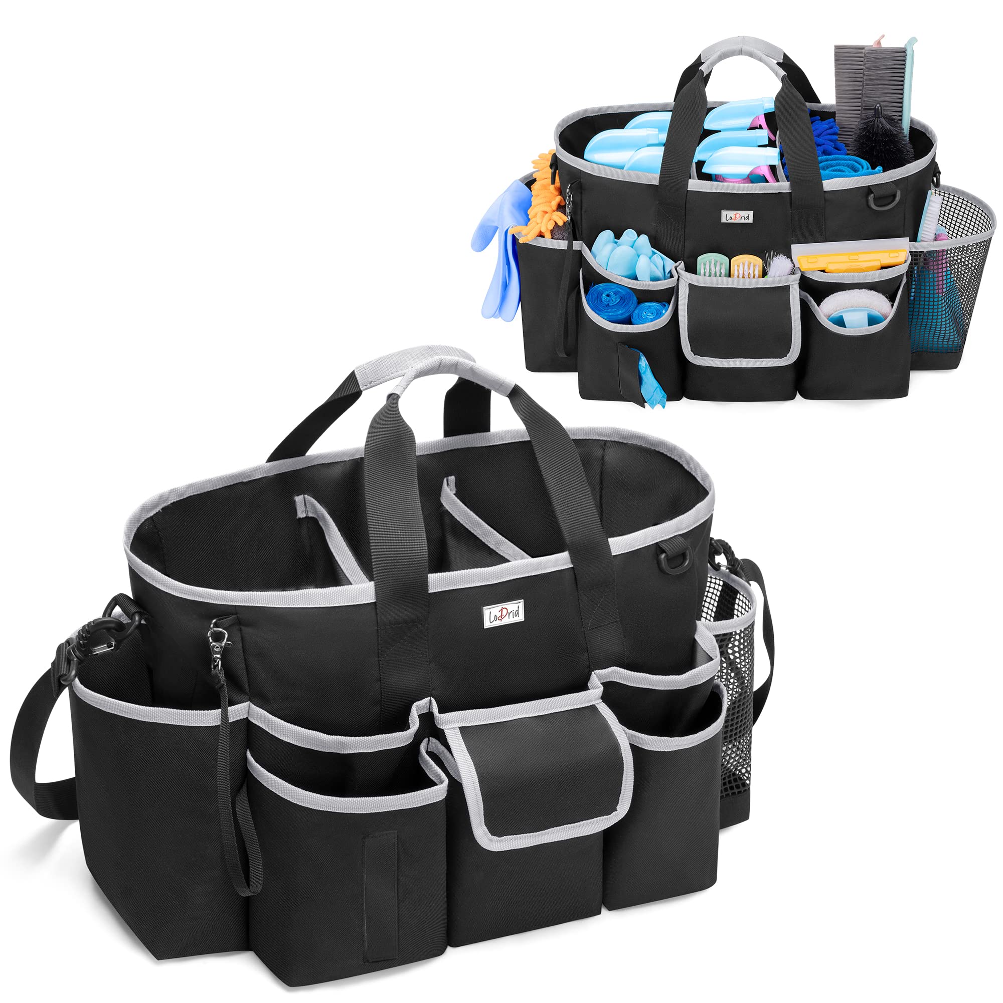 LoDird Cleaning Caddy Bag with 3 Compartments and Multifunctional Pockets, Cleaning Supplies Organizer for Cleaning Work with Handle and Shoulder Strap, Gray