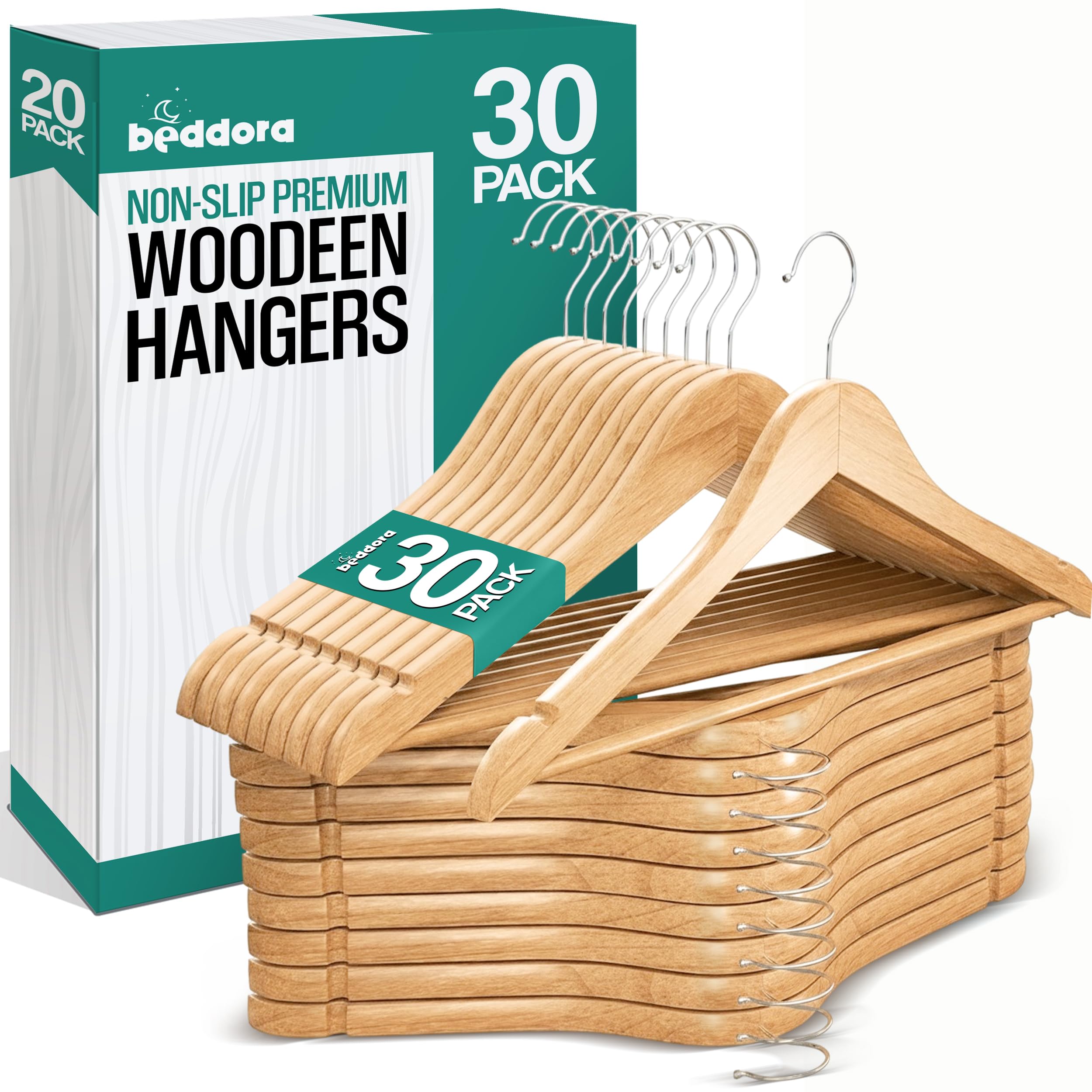 Beddora Wooden Hangers 30 Pack - 360 rotatable Swivel Hook Durable & Slim Lightweight with Shoulder Grooves - Wood Hanger for Clothes Coats Pants Suits Jackets in Natural