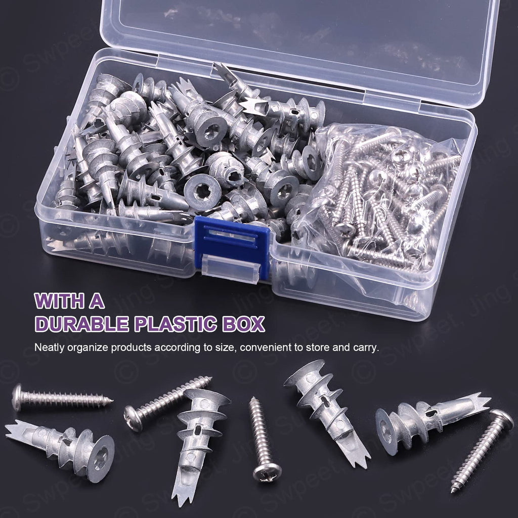 Swpeet 120Pcs Heavy Duty Zinc Self Drilling Drywall Anchors with #8 x 1-1/4'' Screws Kit, No Pre Drill Hole Preparation Required - Self-Tapping Drywall Anchors for Hanging and Mounting