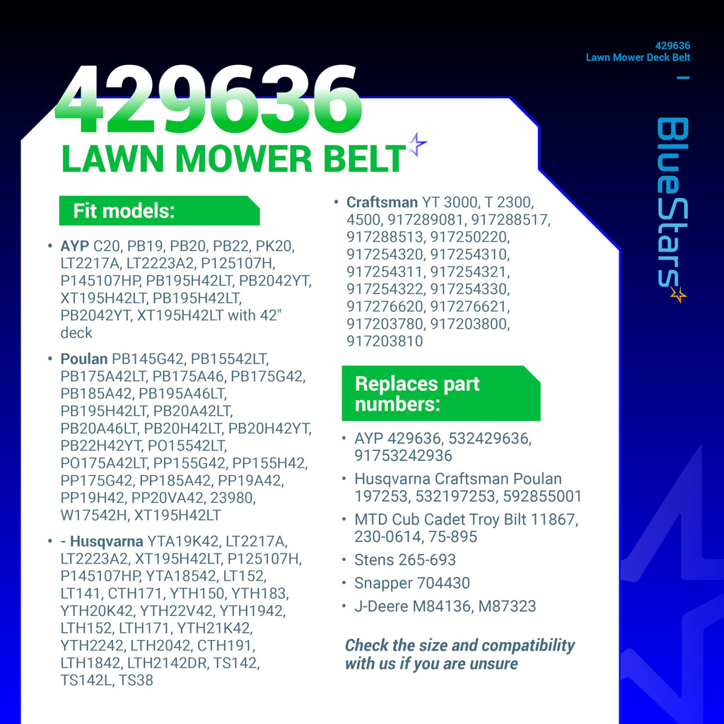 BlueStars 429636 197253 Lawn Mower Drive/Deck Belt - Fits for 42" Deck Craftsman Husqvarna AYP Poulan 532429636 532197253 598559101 592855001 PP19A42 YTA18542 | Aramid Cord | 101 inch
