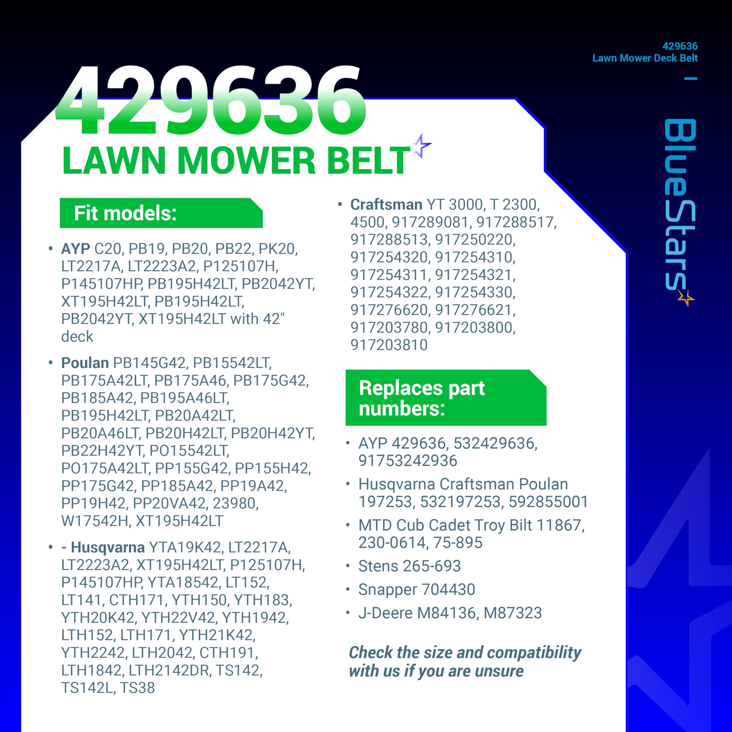 BlueStars 429636 197253 Lawn Mower Drive/Deck Belt - Fits for 42" Deck Craftsman Husqvarna AYP Poulan 532429636 532197253 598559101 592855001 PP19A42 YTA18542 | Aramid Cord | 101 inch