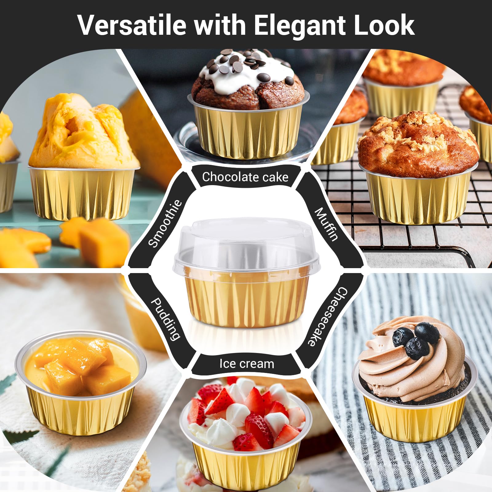 EUSOAR Disposable Ramekins, Gold 50pcs 5oz Mini Aluminium Foil Baking Cups with Lids Creme Brulee Cupcake Liners, Desert Cheesecake Pans Flan Molds Tin Cups Containers for Party Favor Birthday