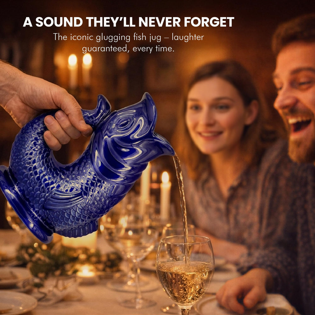 Glug Jug The Bubble Jug® Dark Cobalt Blue 50 fl oz 1.5L Litre Extra Large Gurgle Pitcher Jug Fish Shaped Decorative Ceramic Glugging Cocktail, Water and Gin Jug and Gurgling Carafe Pot